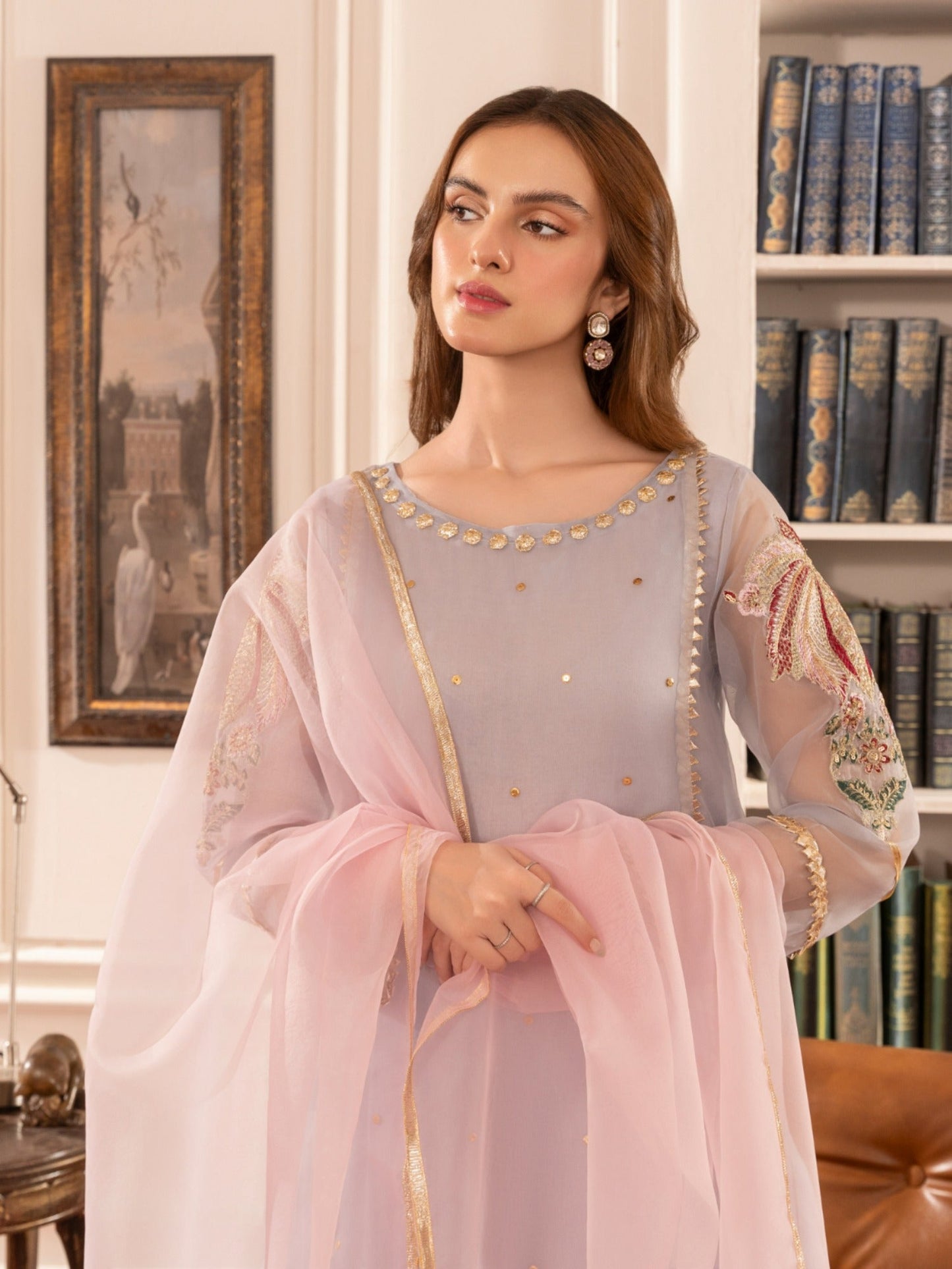 Lilac-HEM Organza Embroidered Stitched 4-Piece Suit-Zara