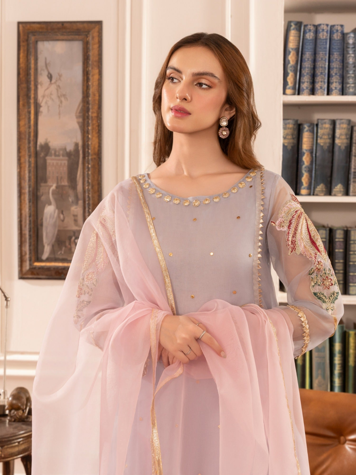 Lilac-HEM Organza Embroidered Stitched 4-Piece Suit-Zara
