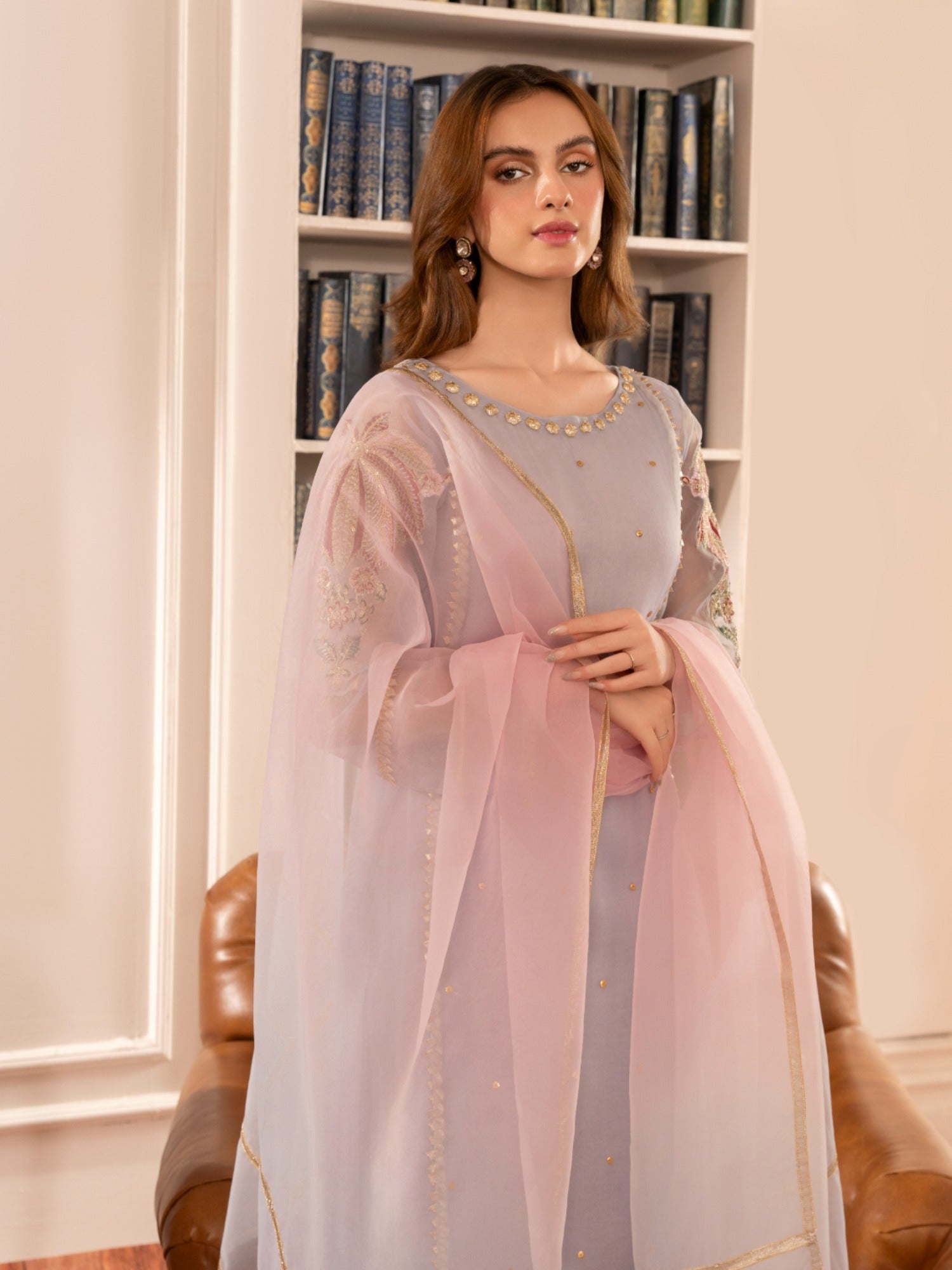 Lilac-HEM Organza Embroidered Stitched 4-Piece Suit-Zara