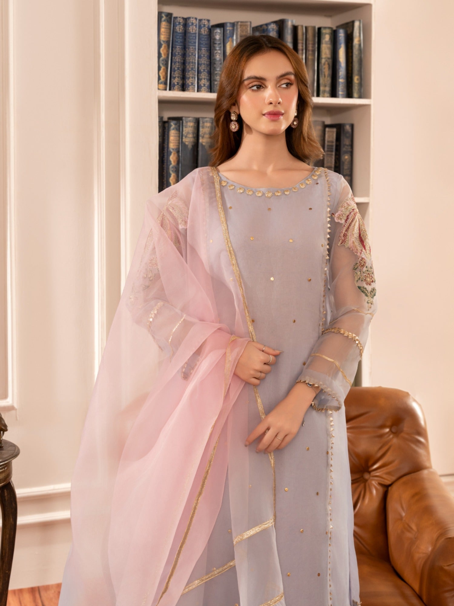 Lilac-HEM Organza Embroidered Stitched 4-Piece Suit-Zara