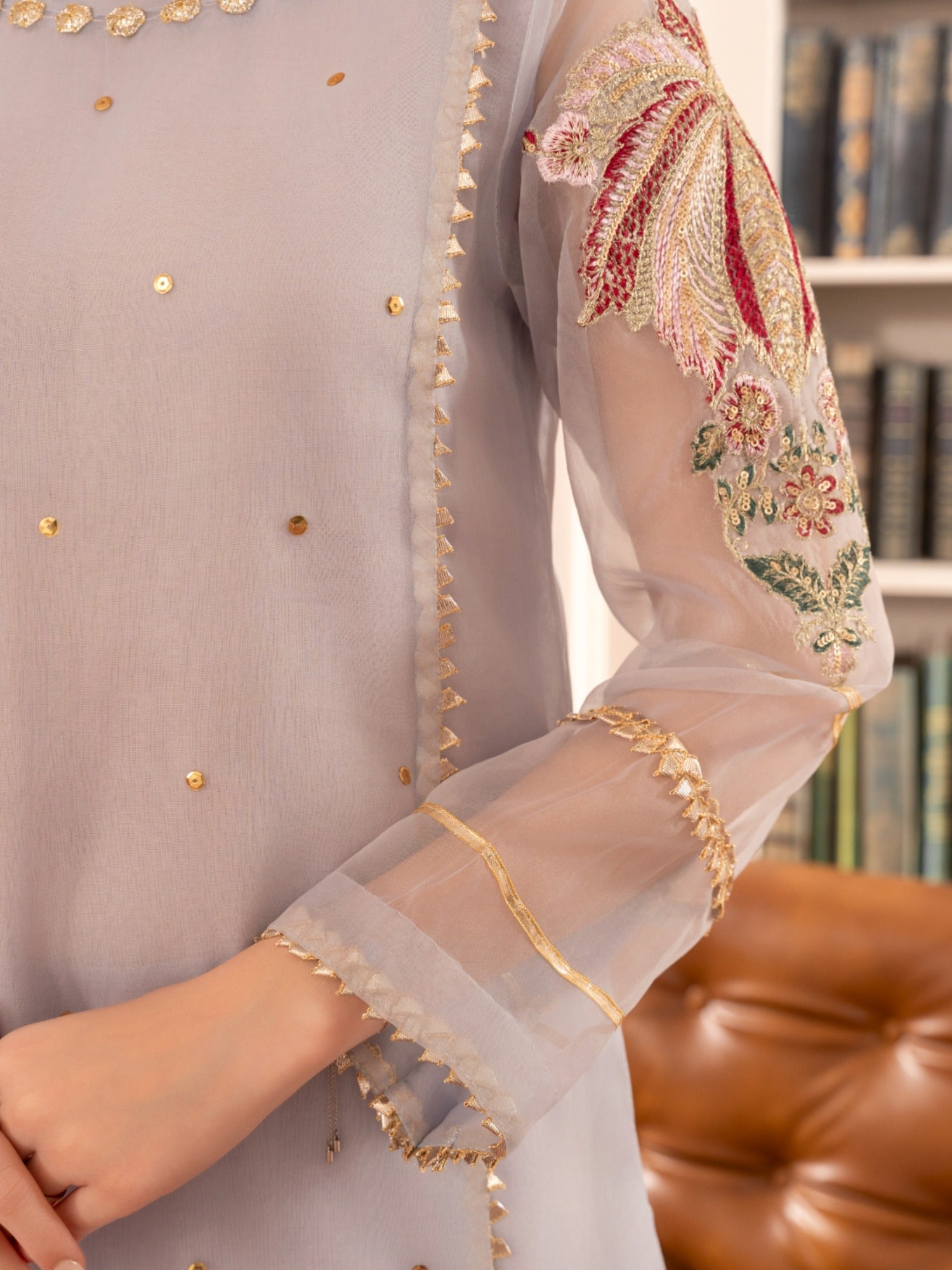 Lilac-HEM Organza Embroidered Stitched 4-Piece Suit-Zara
