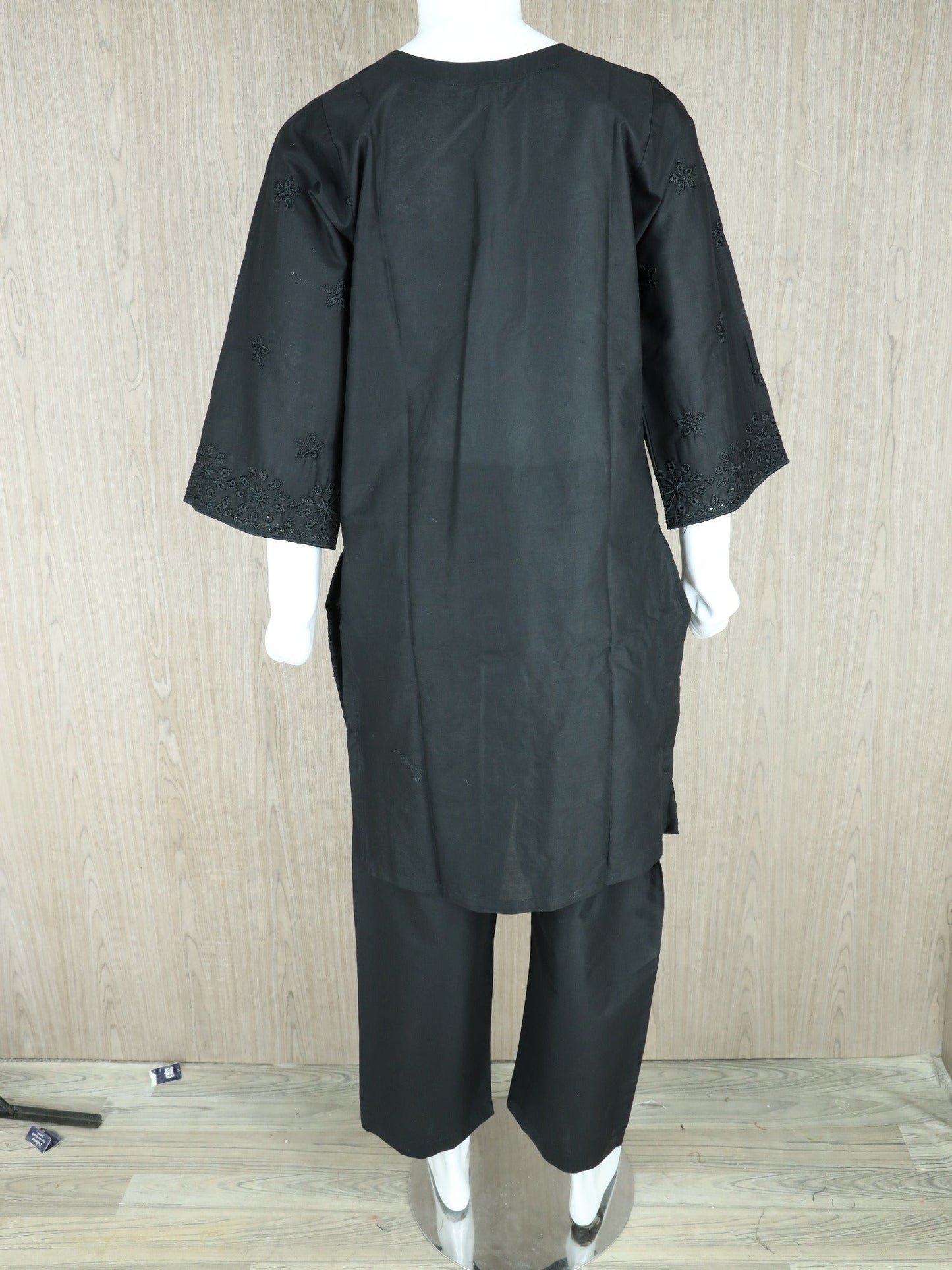 Black HEM Cotton Embroidered Stitched 3-Piece Suit-Black ChikanKari