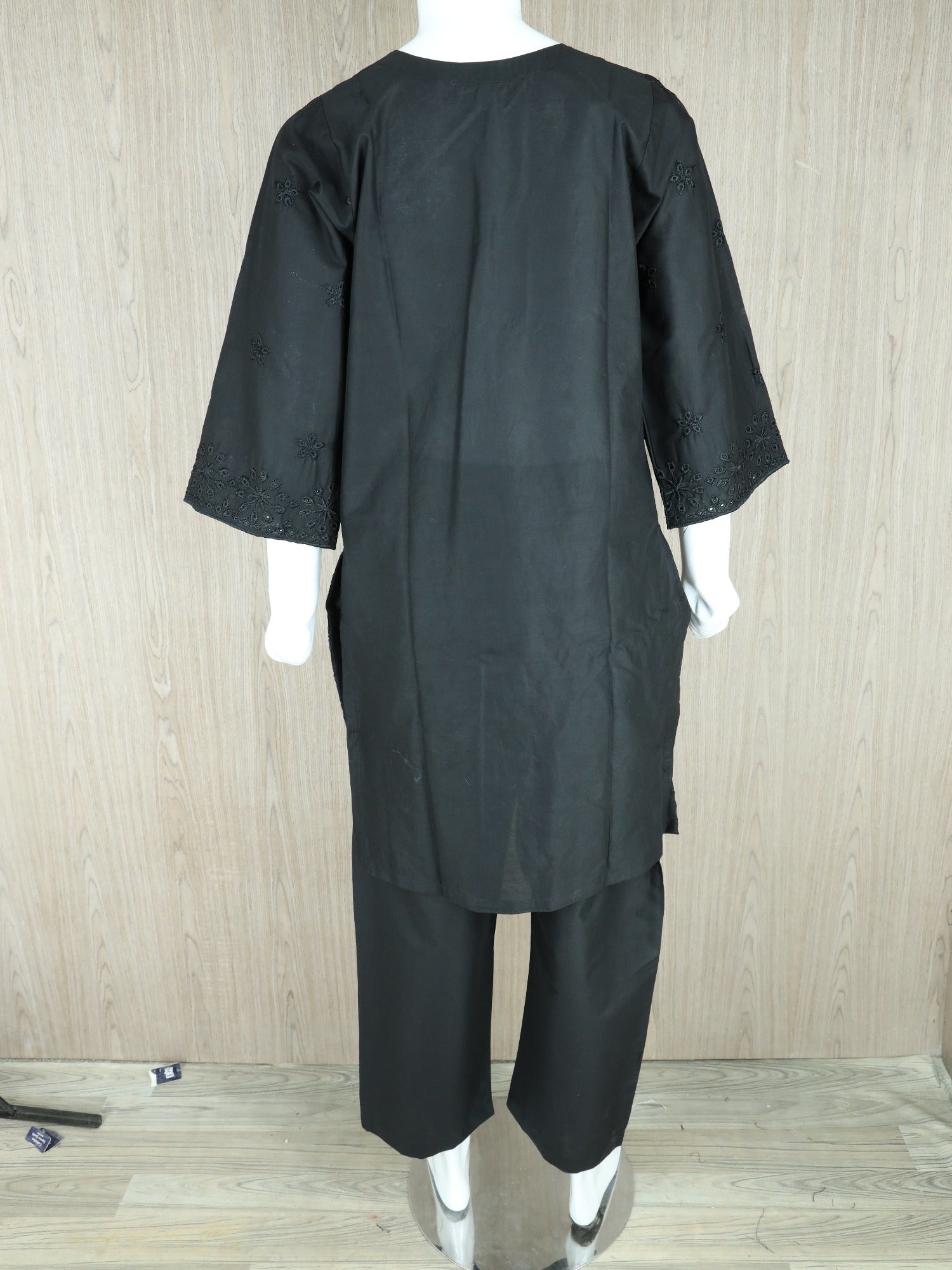 Black HEM Cotton Embroidered Stitched 3-Piece Suit-Black ChikanKari