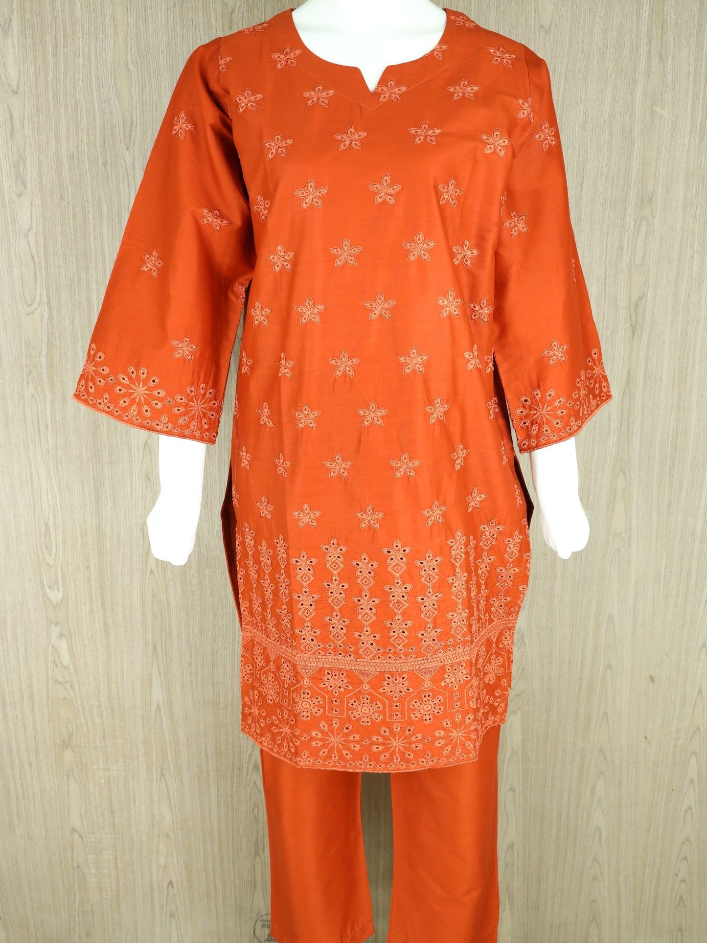 Orange  HEM Cotton Embroidered Stitched 3-Piece Suit-Orange ChikanKari