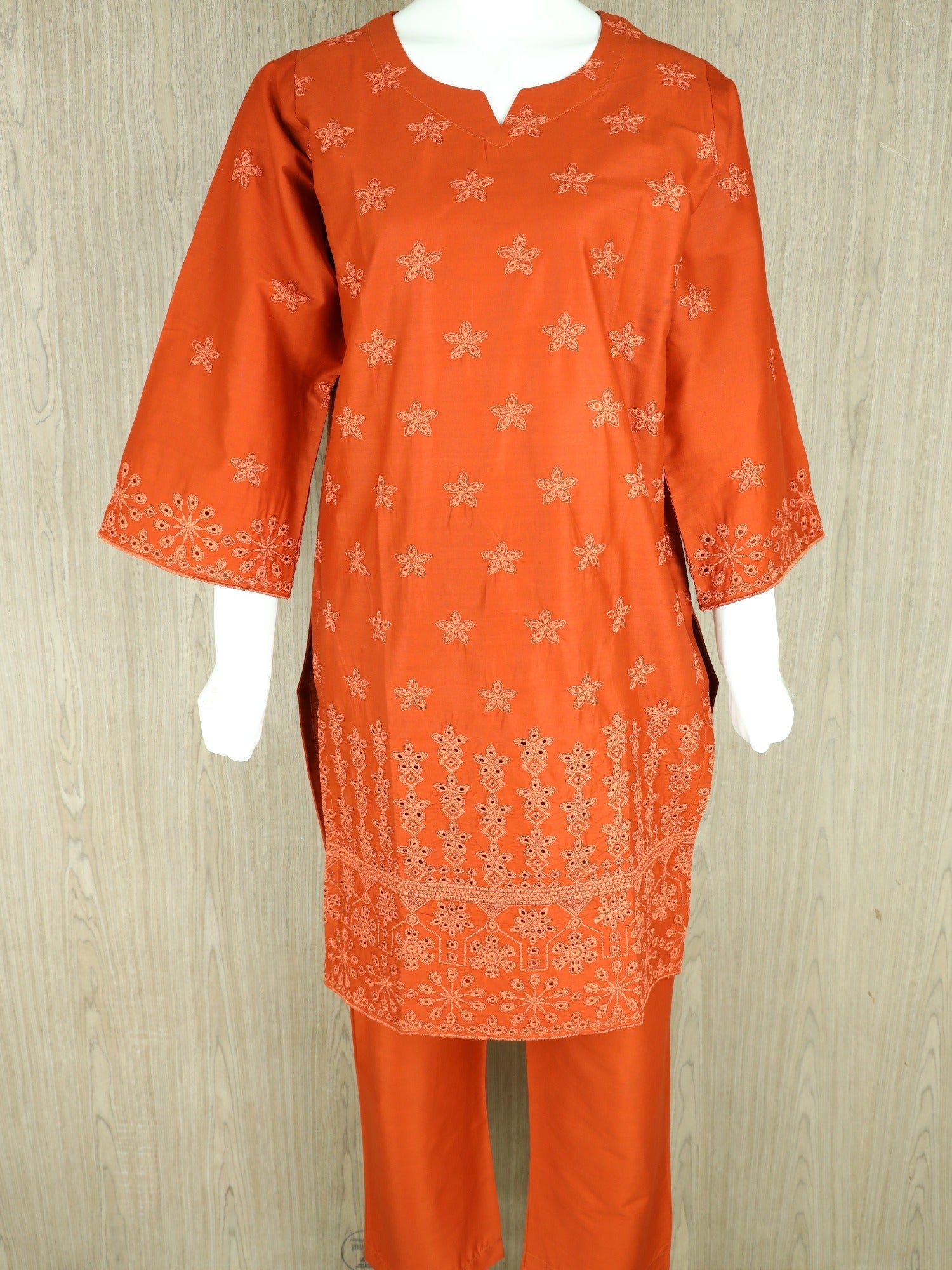 Orange  HEM Cotton Embroidered Stitched 3-Piece Suit-Orange ChikanKari