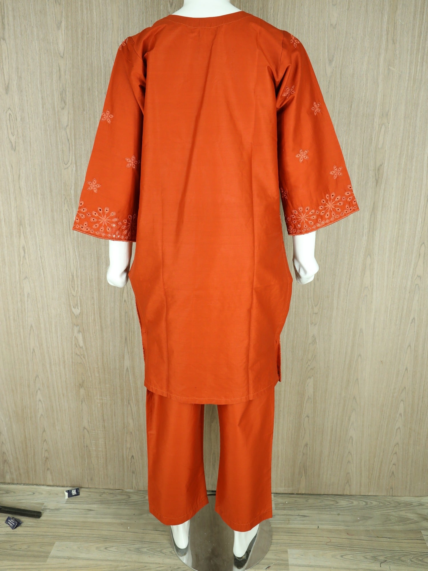 Orange  HEM Cotton Embroidered Stitched 3-Piece Suit-Orange ChikanKari