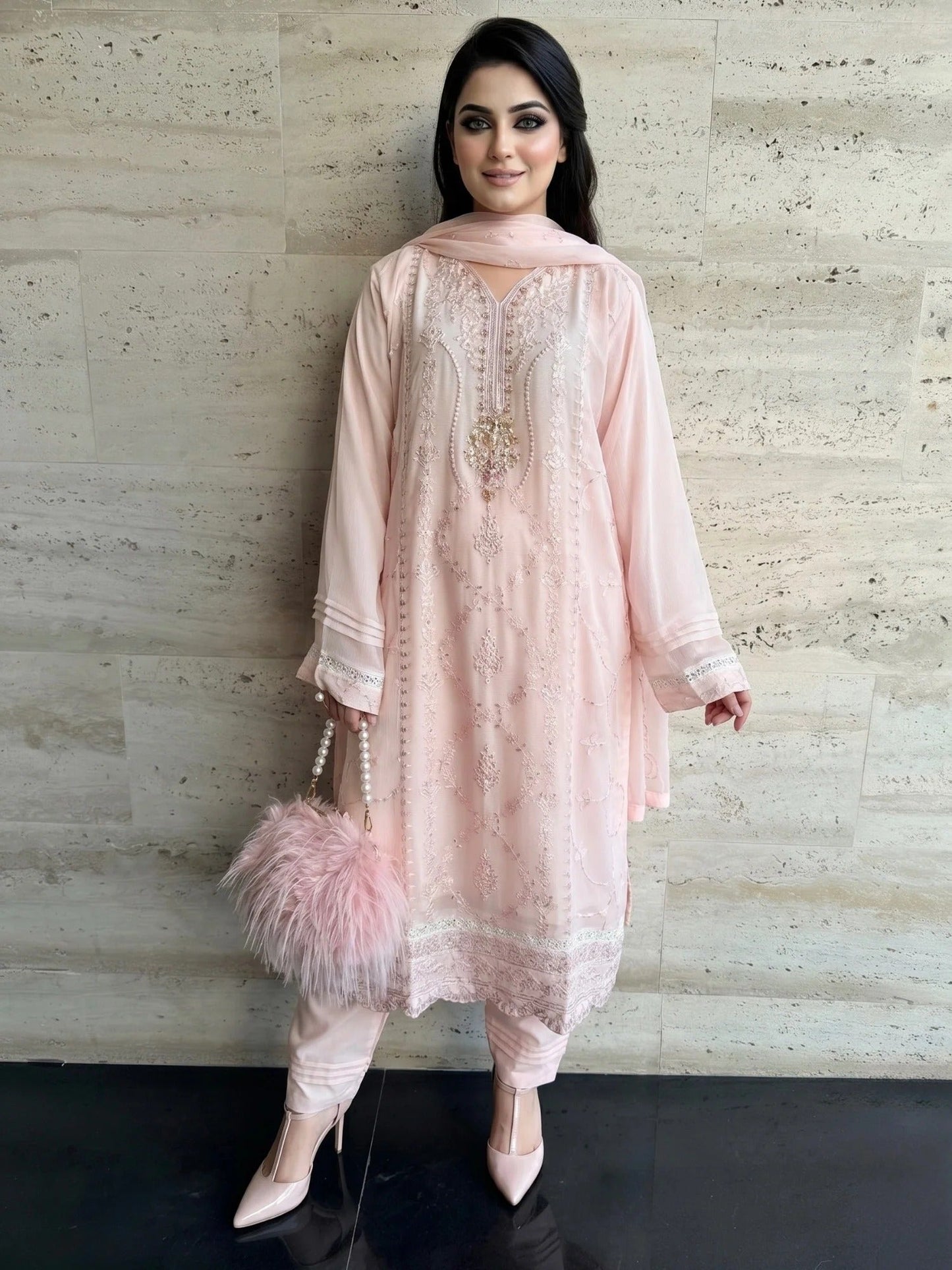 Pink-Savarna Chiffon Embellished Stitched 3-Piece Suit-Baby Pink 51