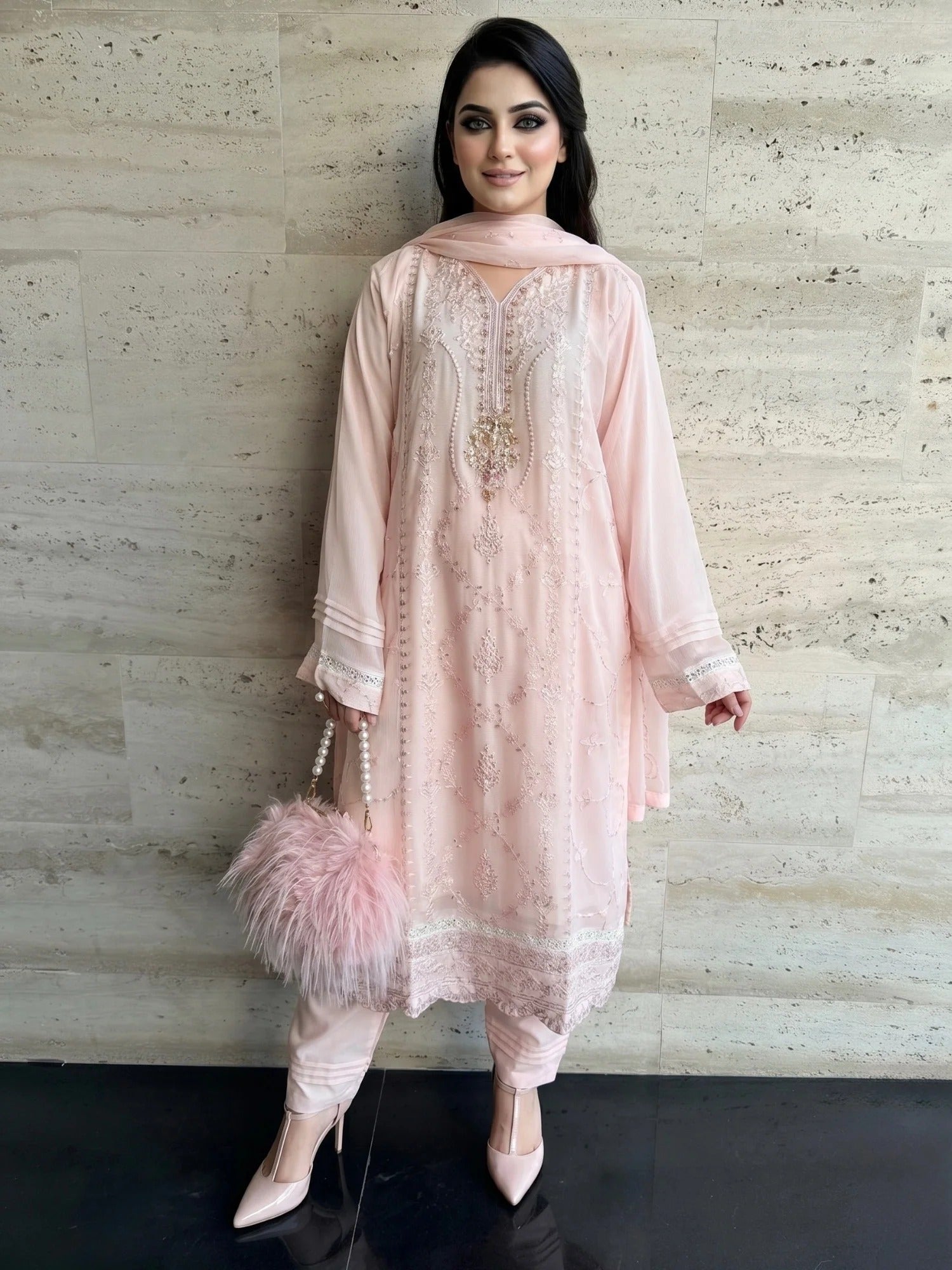 Pink-Savarna Chiffon Embellished Stitched 3-Piece Suit-Baby Pink 51