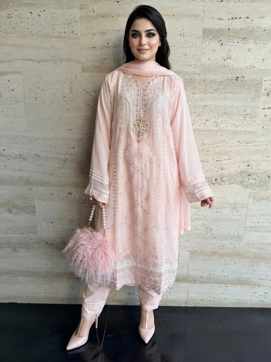 Pink-Savarna Chiffon Embellished Stitched 3-Piece Suit-Baby Pink 51