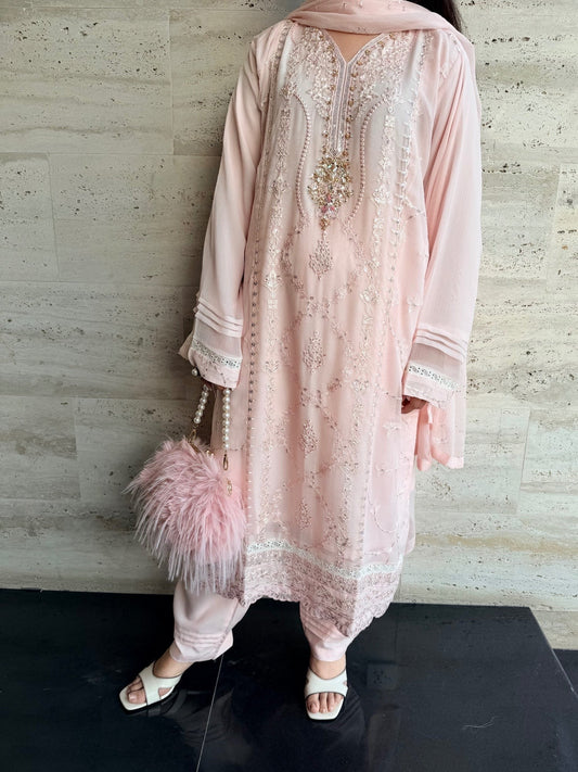 Pink-Savarna Chiffon Embellished Stitched 3-Piece Suit-Baby Pink 51