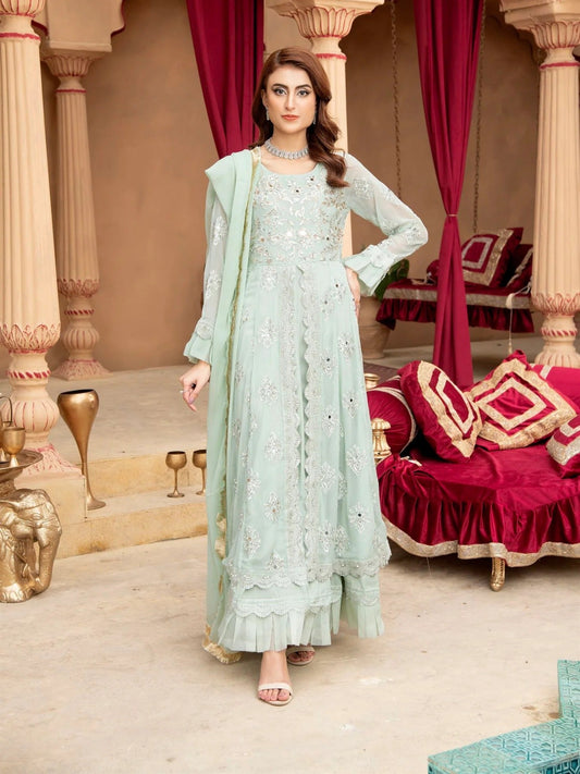 Manahil Arts Chiffon Embroidered Stitched 3-Piece Suit-Kurti-B-006-Aqua