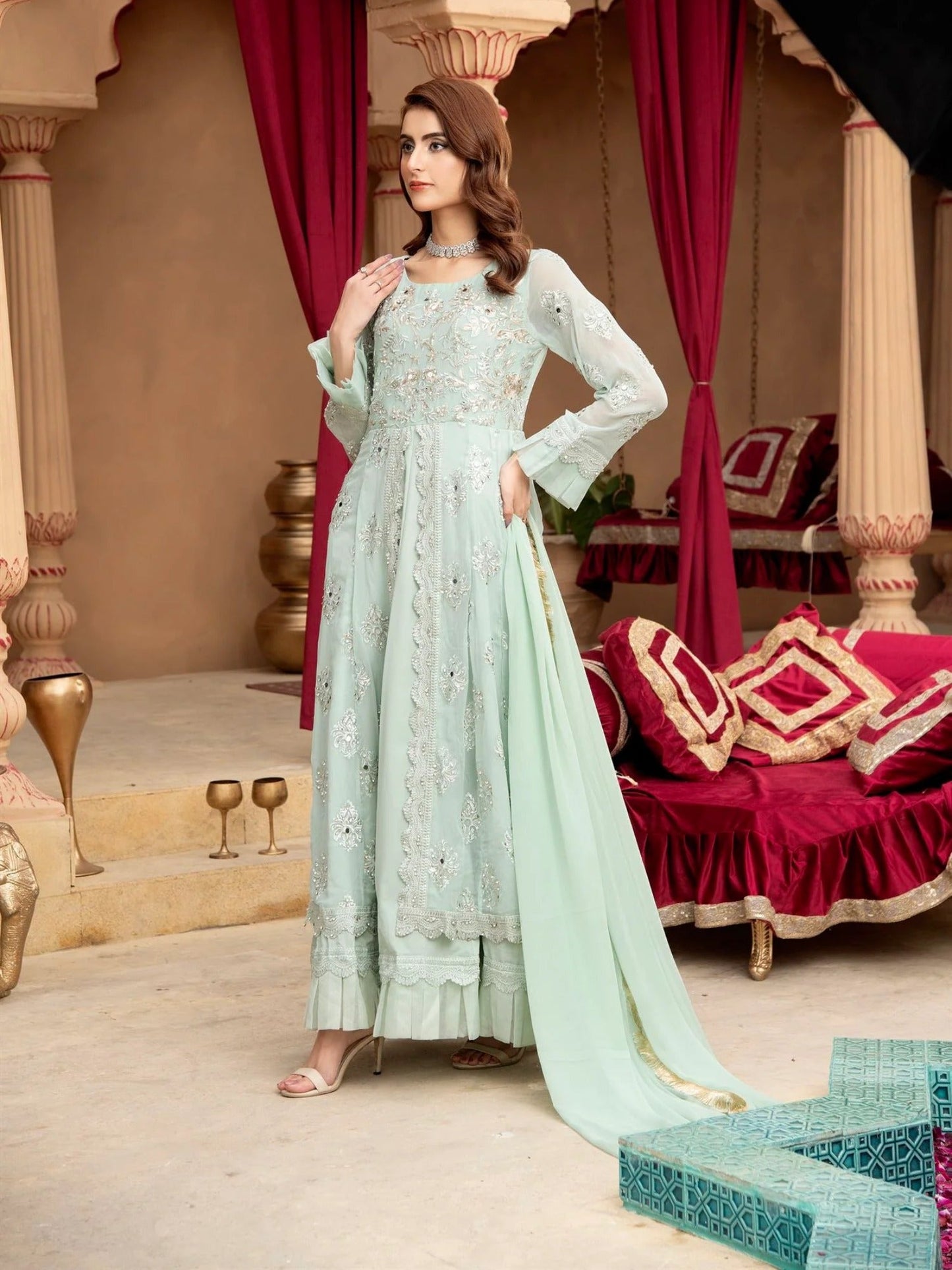 Manahil Arts Chiffon Embroidered Stitched 3-Piece Suit-Kurti-B-006-Aqua