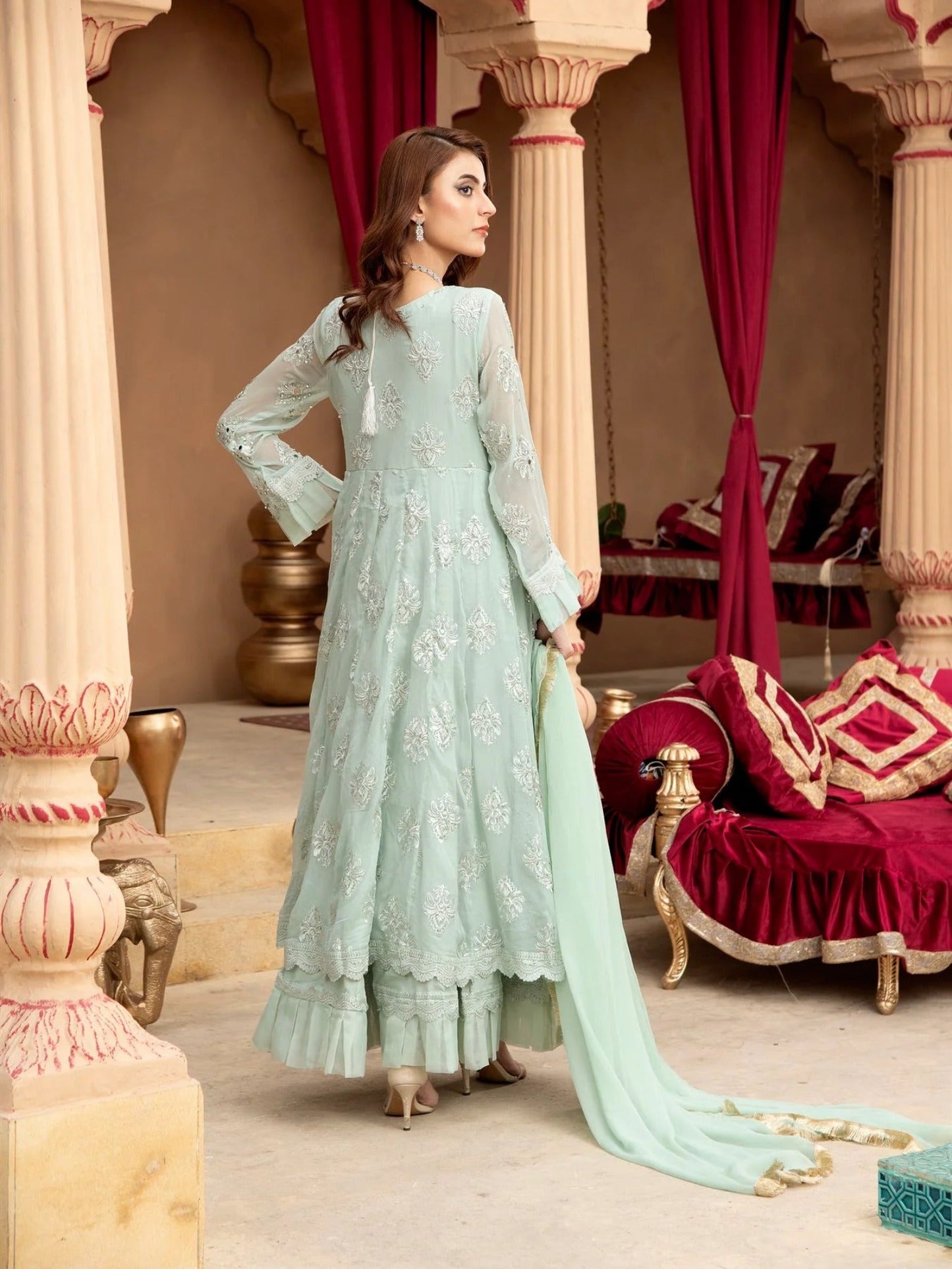 Manahil Arts Chiffon Embroidered Stitched 3-Piece Suit-Kurti-B-006-Aqua
