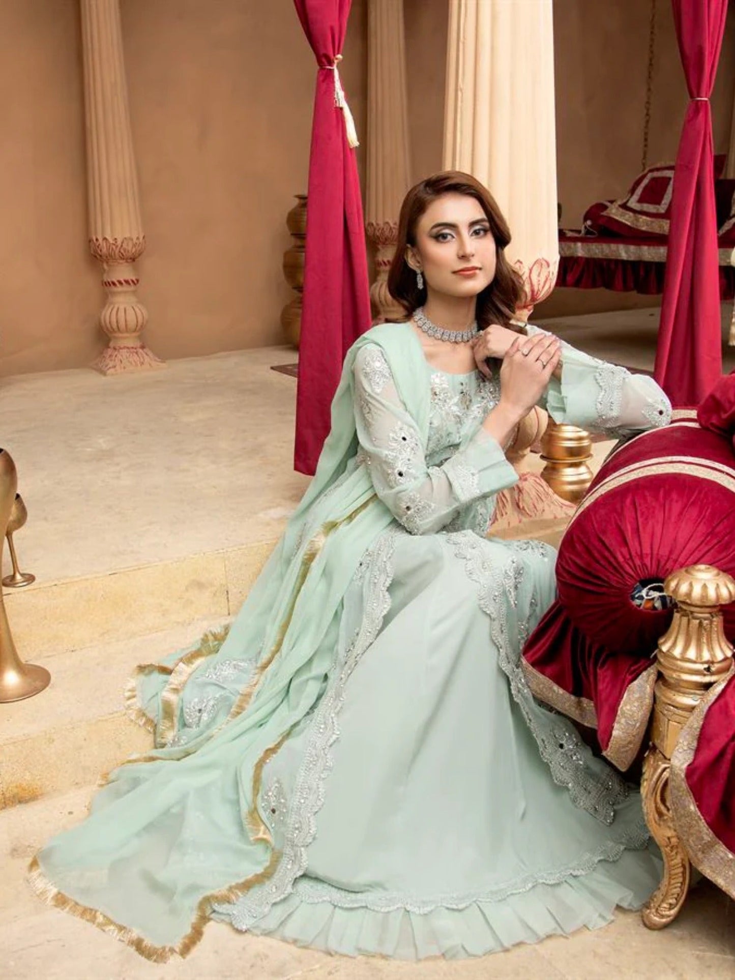 Manahil Arts Chiffon Embroidered Stitched 3-Piece Suit-Kurti-B-006-Aqua
