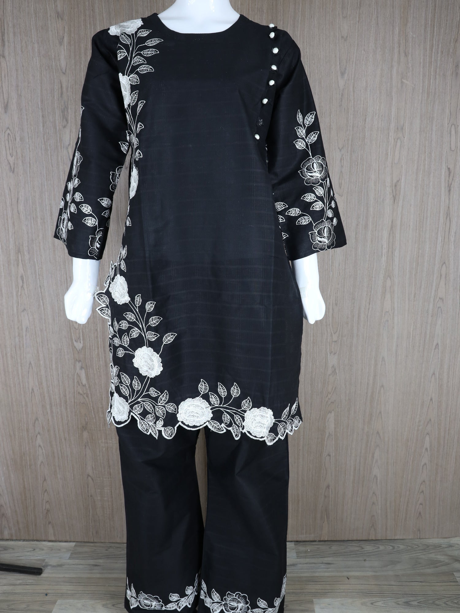 Black HEM Cotton Embroidered Stitched 3-Piece Suit-Loria