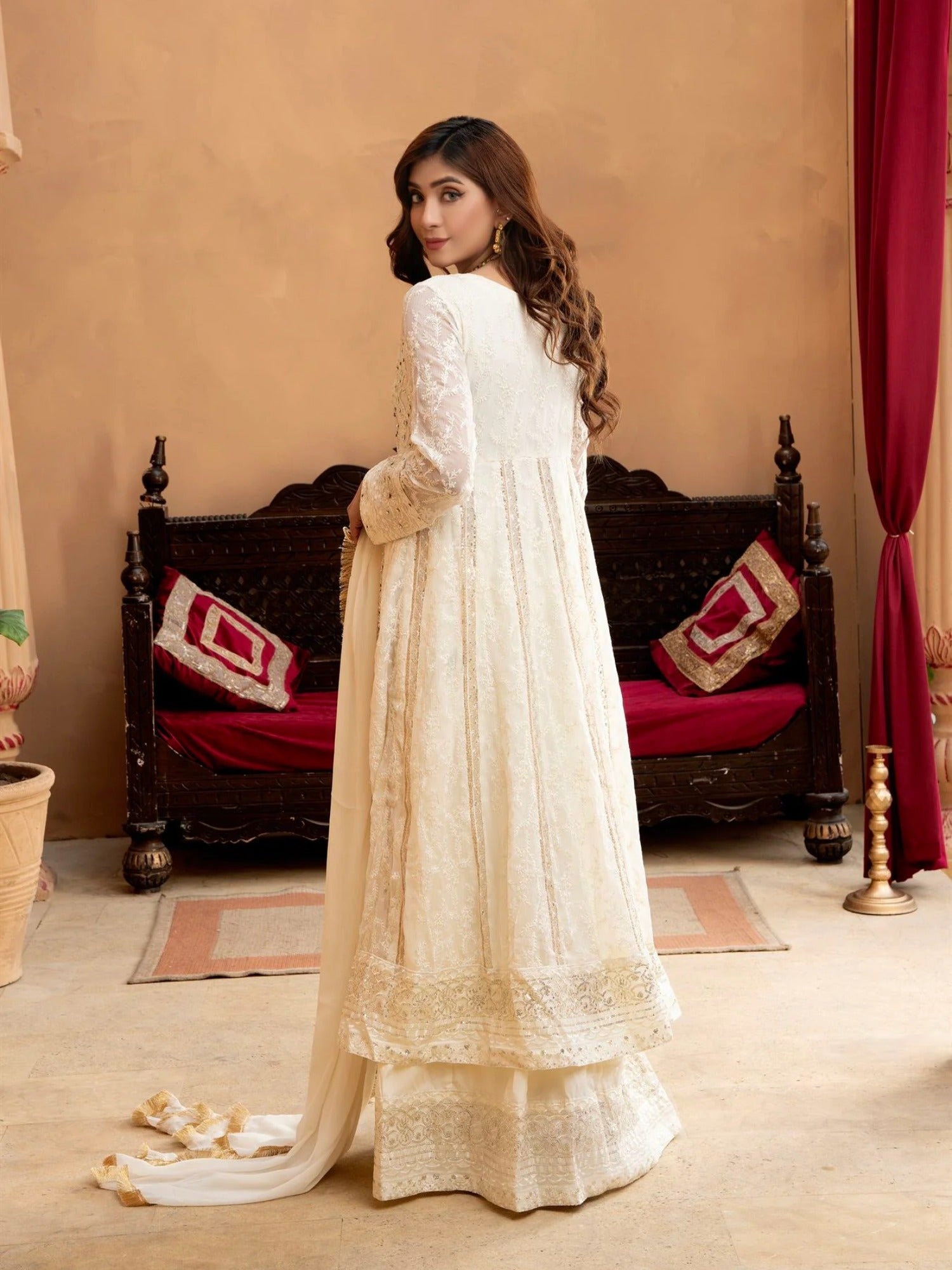 Manahil Arts Chiffon Embroidered Stitched 3-Piece Suit-Kurti-B-007-Off White