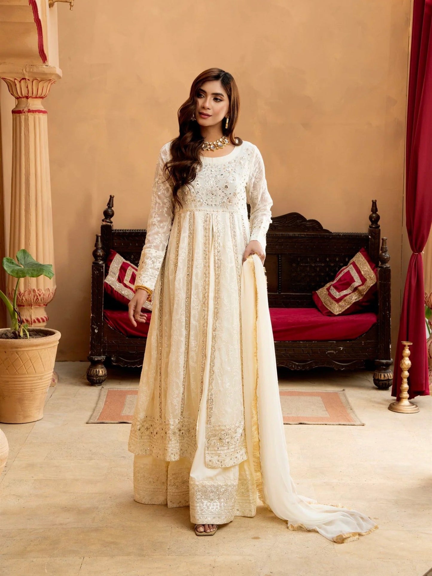 Manahil Arts Chiffon Embroidered Stitched 3-Piece Suit-Kurti-B-007-Off White