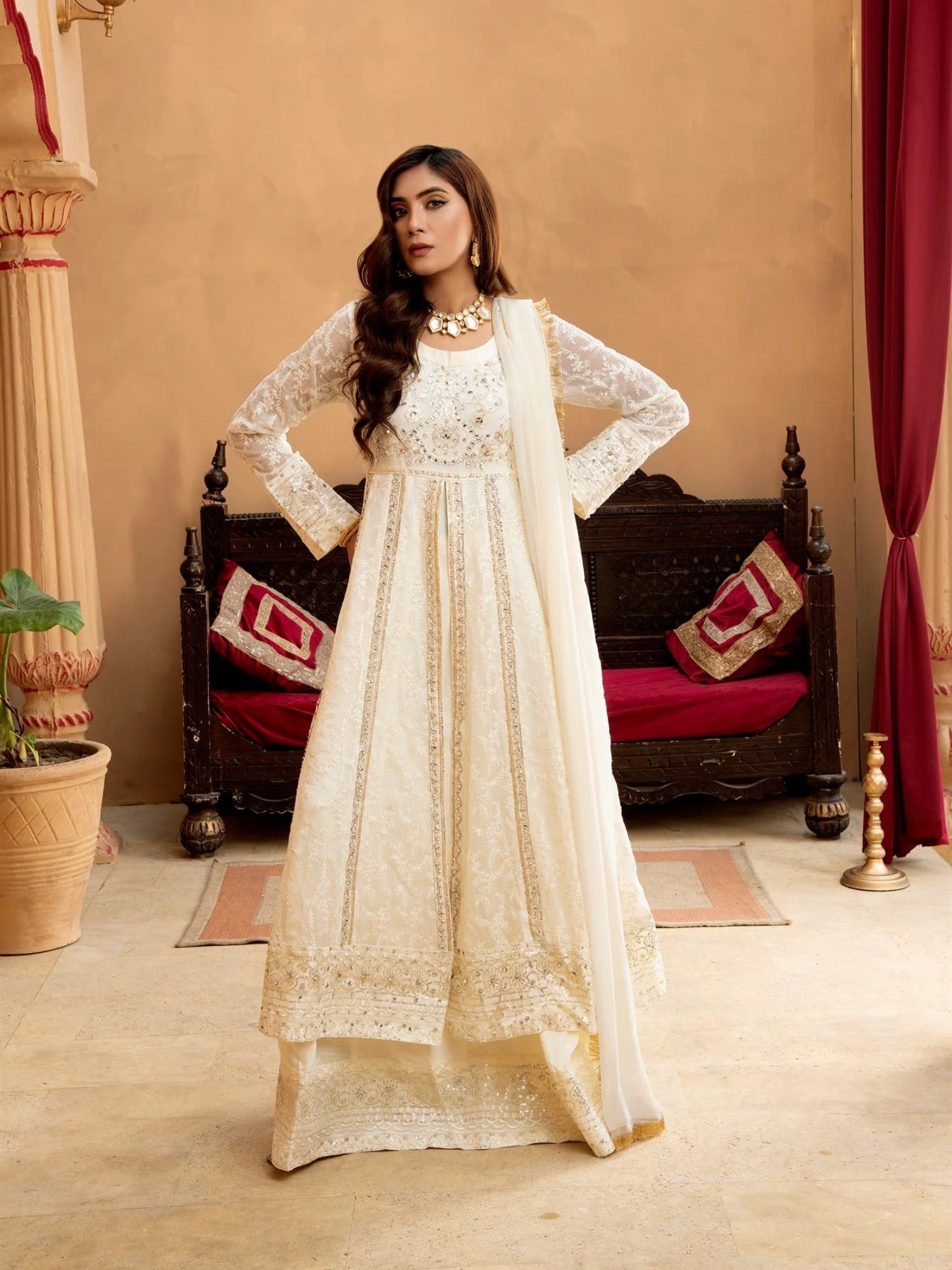 Manahil Arts Chiffon Embroidered Stitched 3-Piece Suit-Kurti-B-007-Off White