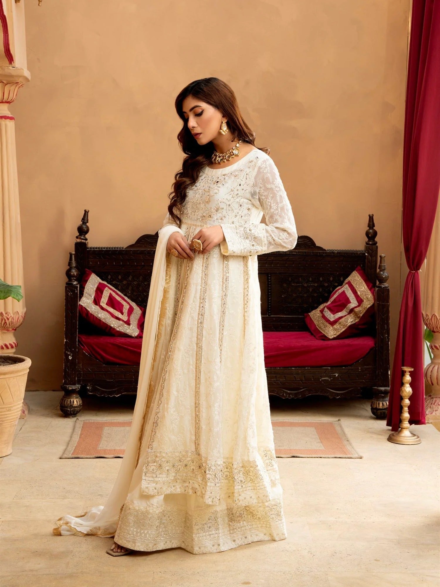 Manahil Arts Chiffon Embroidered Stitched 3-Piece Suit-Kurti-B-007-Off White