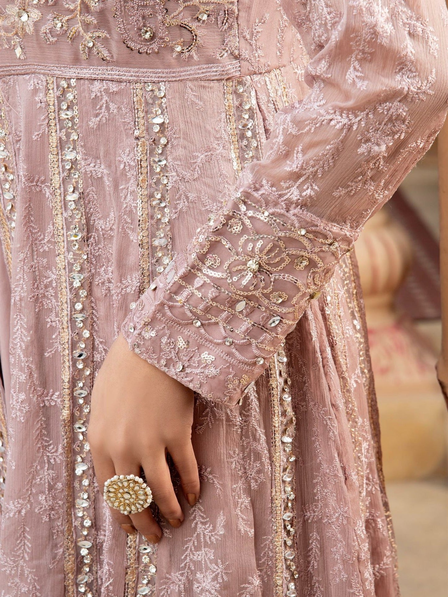 Lilac Manahil Arts Chiffon Embroidered Stitched 3-Piece Suit-Kurti-B-007-Lilac