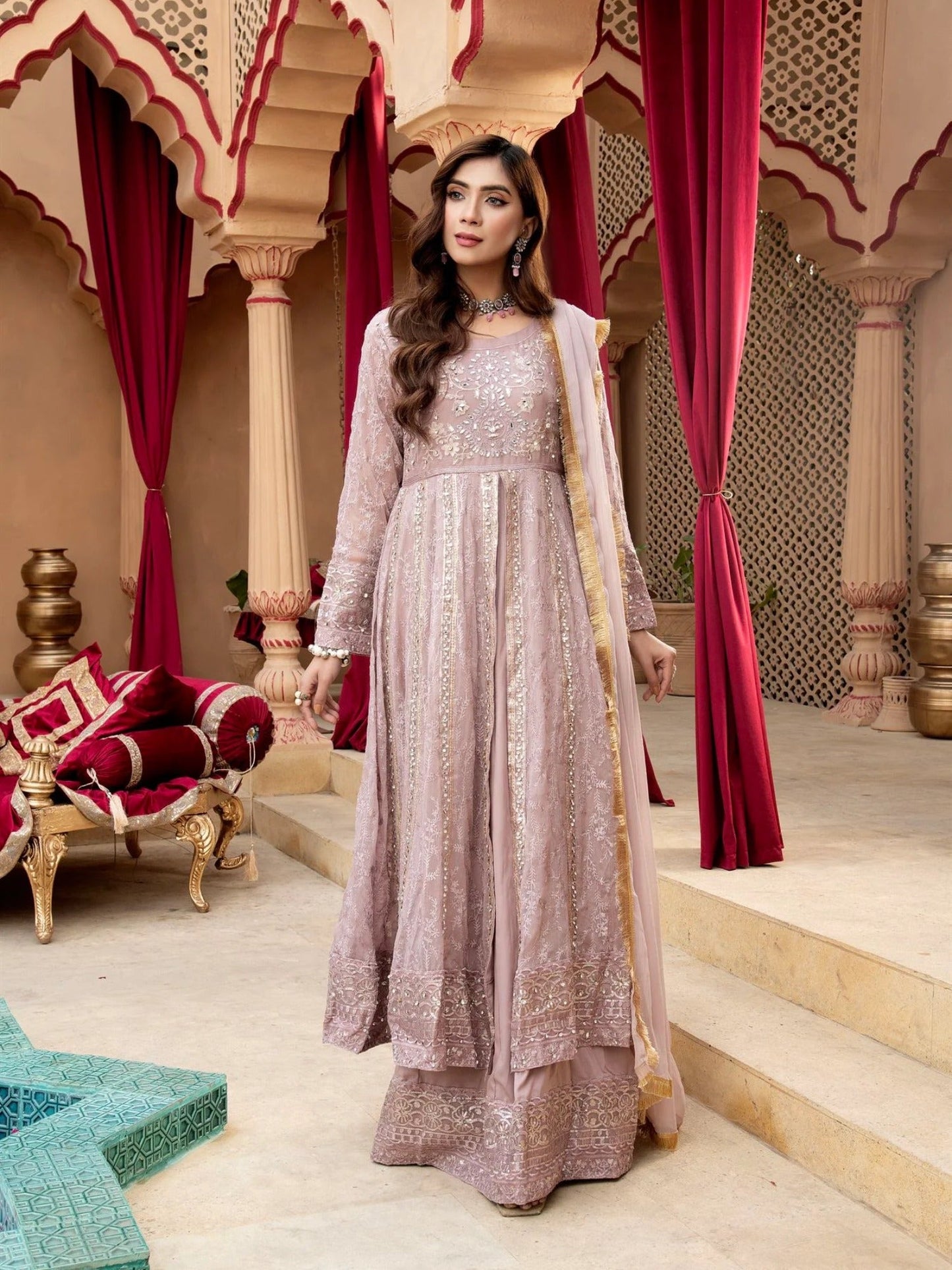 Lilac Manahil Arts Chiffon Embroidered Stitched 3-Piece Suit-Kurti-B-007-Lilac