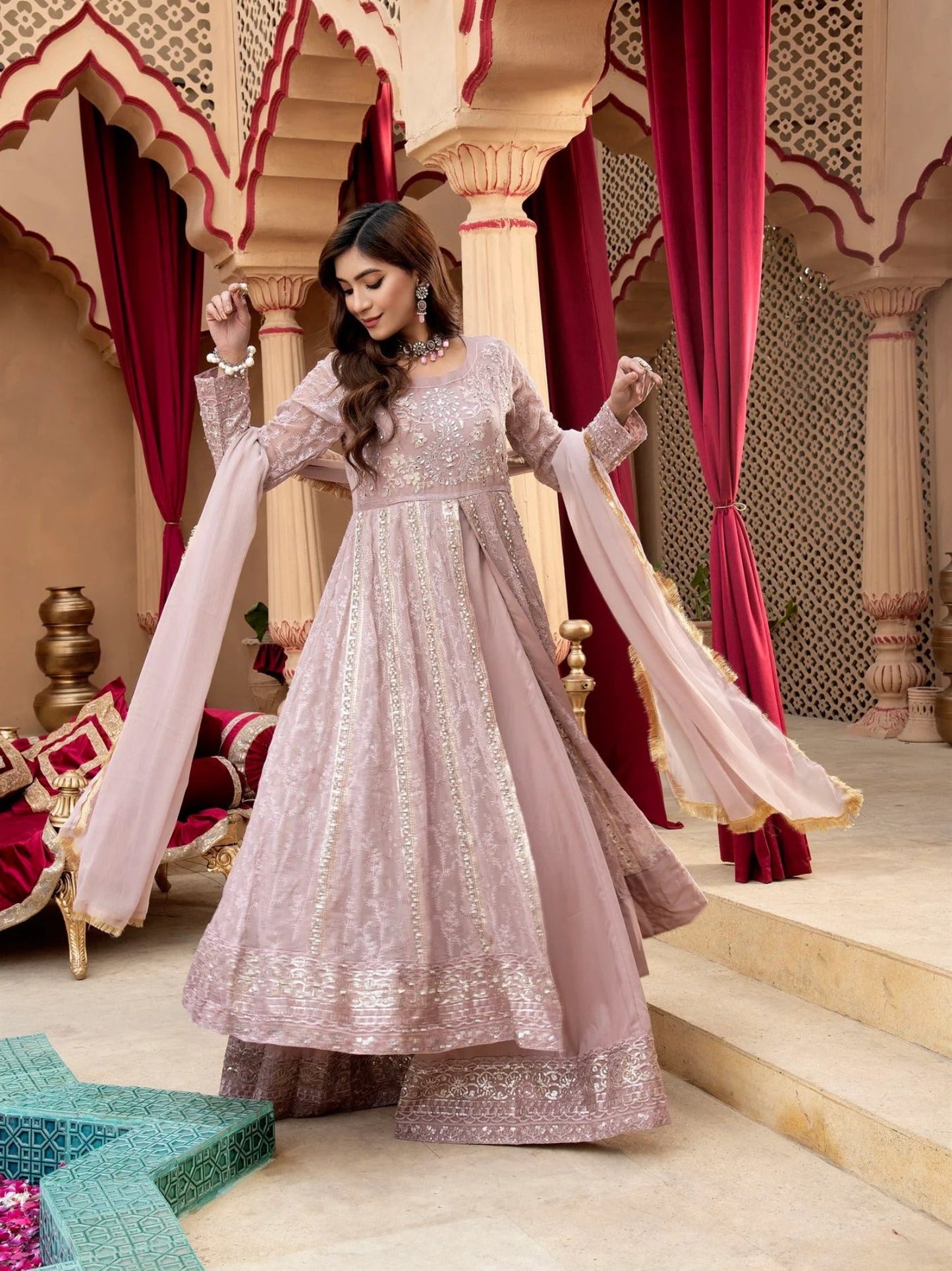 Lilac Manahil Arts Chiffon Embroidered Stitched 3-Piece Suit-Kurti-B-007-Lilac