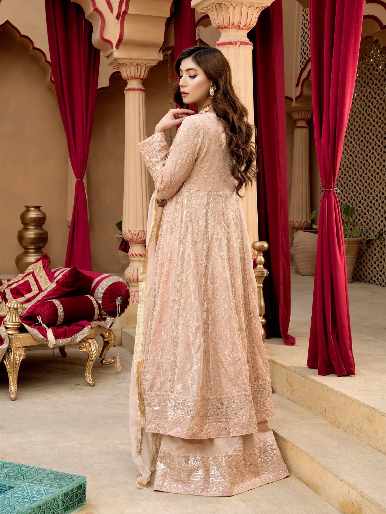 Peach Manahil Arts Chiffon Embroidered Stitched 3-Piece Suit-Kurti-B-007-Peach