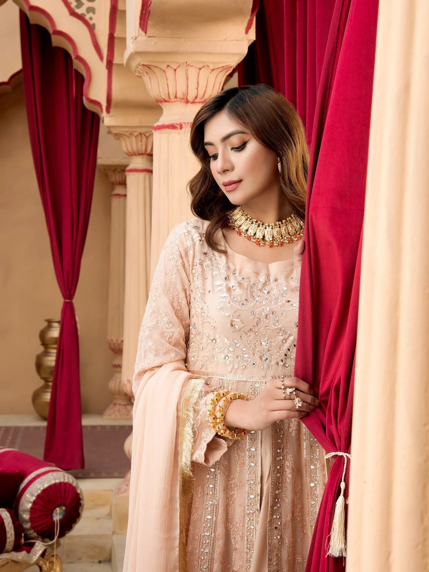 Peach Manahil Arts Chiffon Embroidered Stitched 3-Piece Suit-Kurti-B-007-Peach