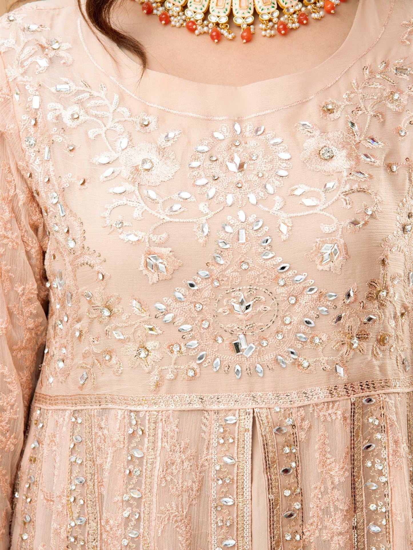 Peach Manahil Arts Chiffon Embroidered Stitched 3-Piece Suit-Kurti-B-007-Peach