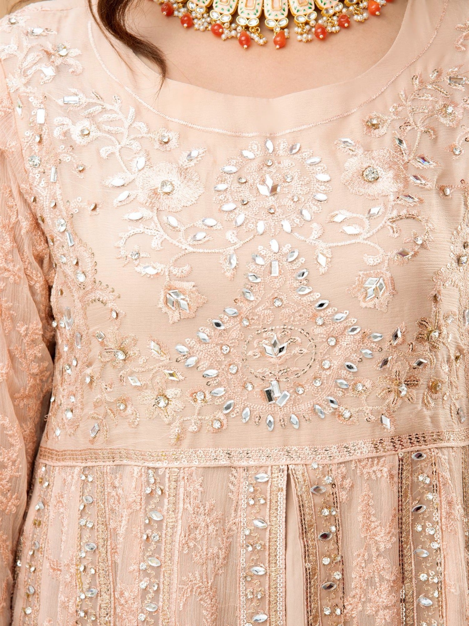 Peach Manahil Arts Chiffon Embroidered Stitched 3-Piece Suit-Kurti-B-007-Peach