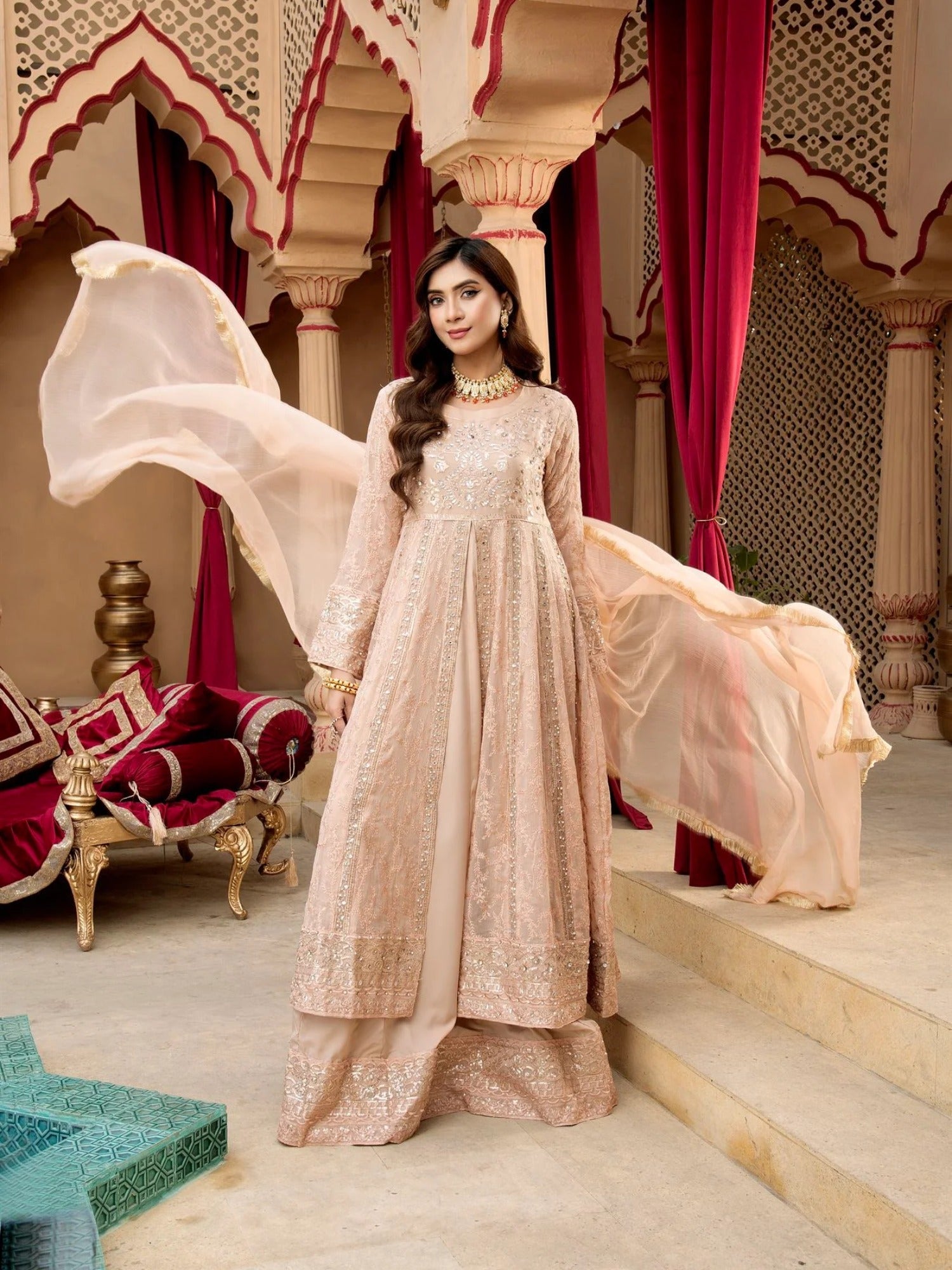 Peach Manahil Arts Chiffon Embroidered Stitched 3-Piece Suit-Kurti-B-007-Peach