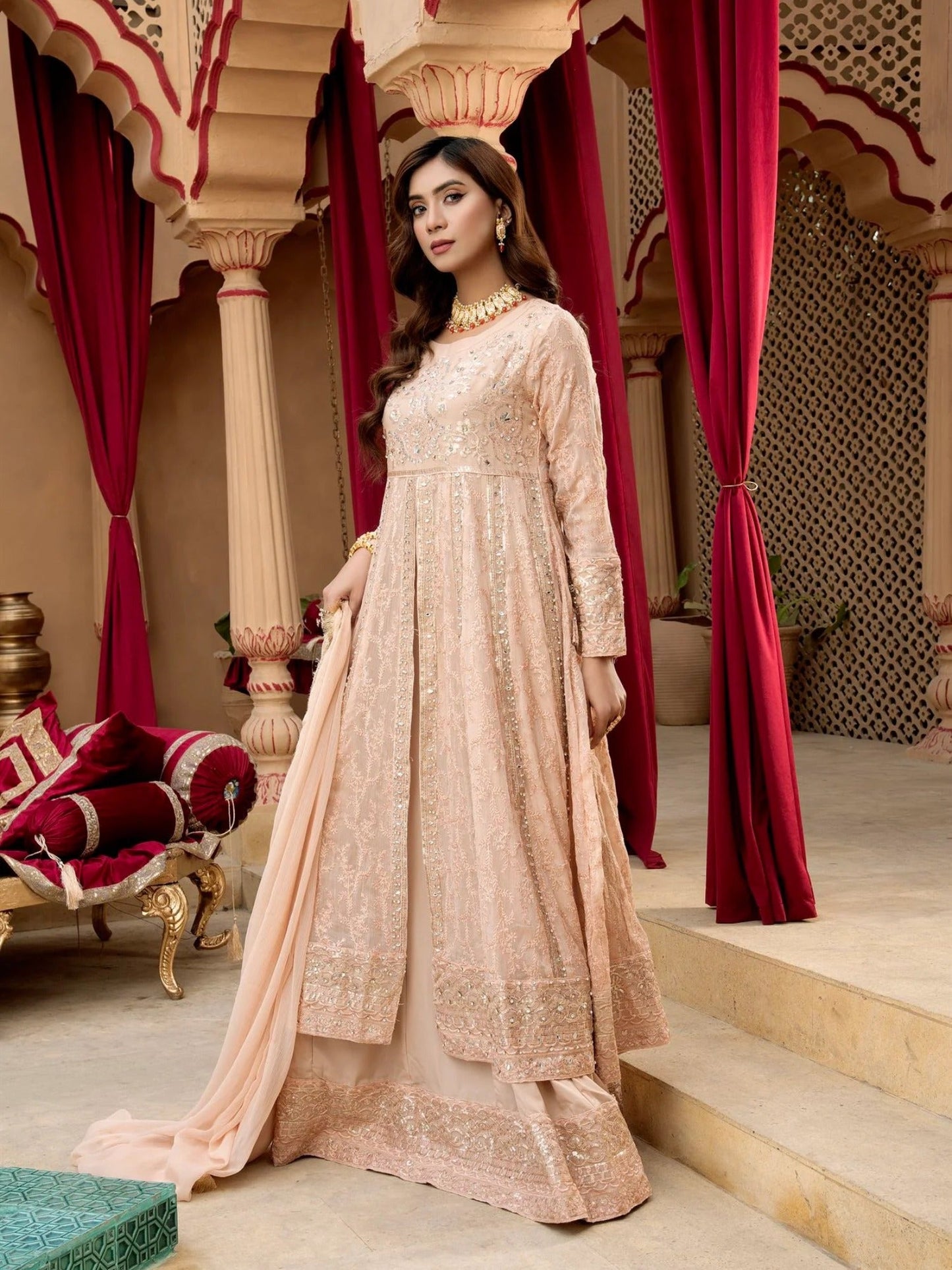 Peach Manahil Arts Chiffon Embroidered Stitched 3-Piece Suit-Kurti-B-007-Peach