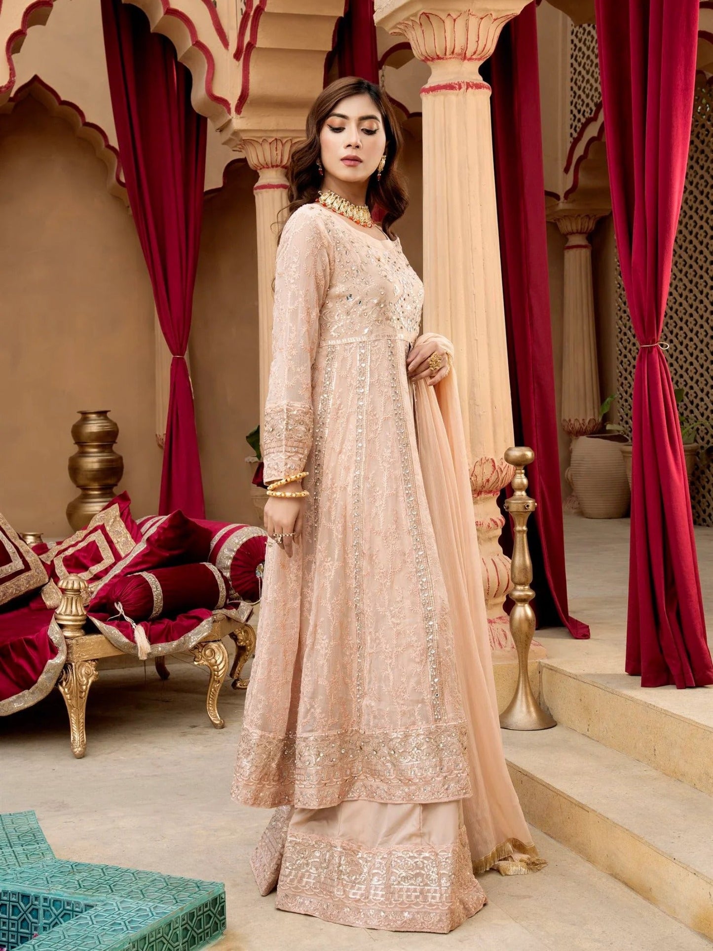 Peach Manahil Arts Chiffon Embroidered Stitched 3-Piece Suit-Kurti-B-007-Peach