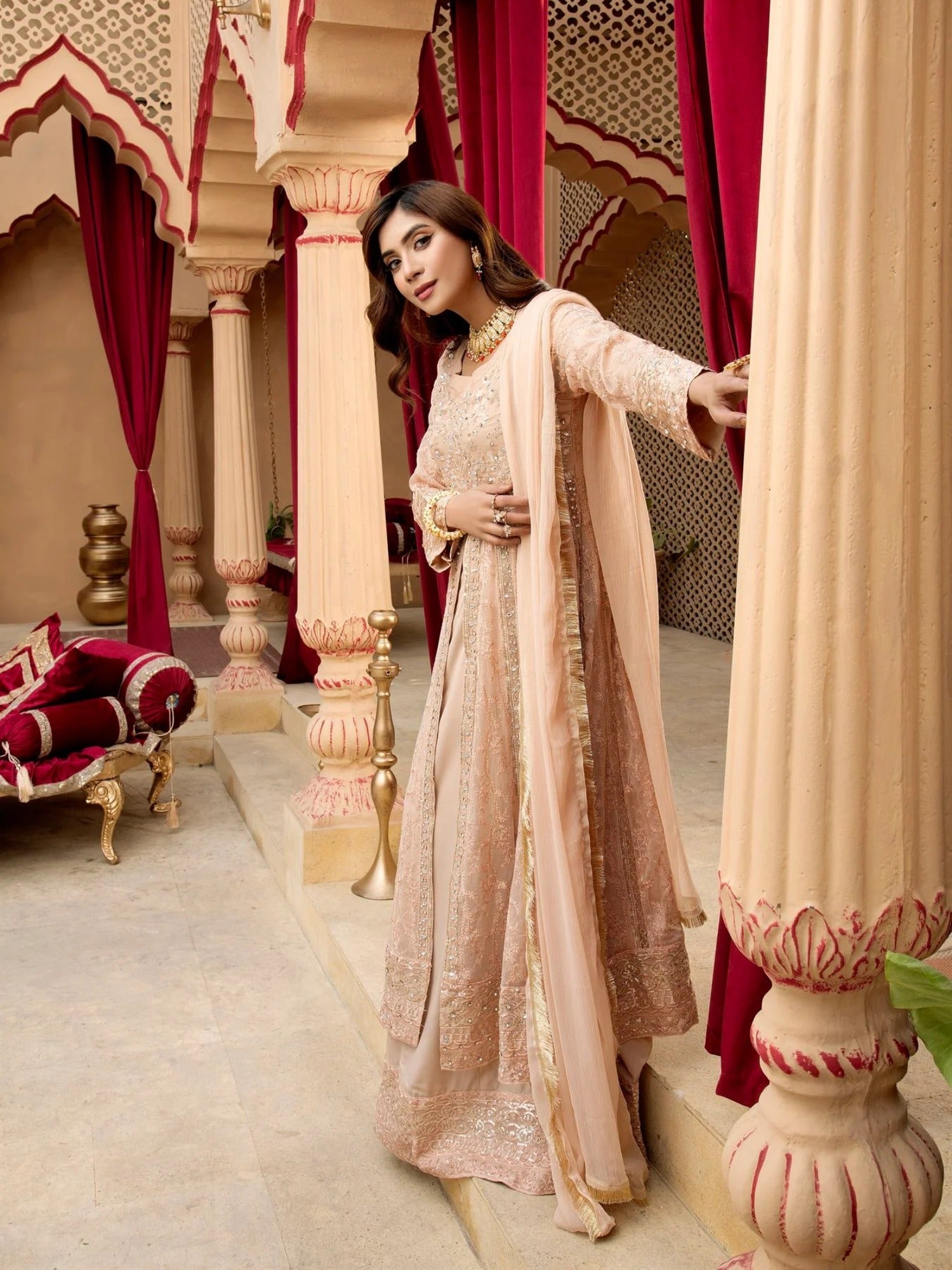Peach Manahil Arts Chiffon Embroidered Stitched 3-Piece Suit-Kurti-B-007-Peach