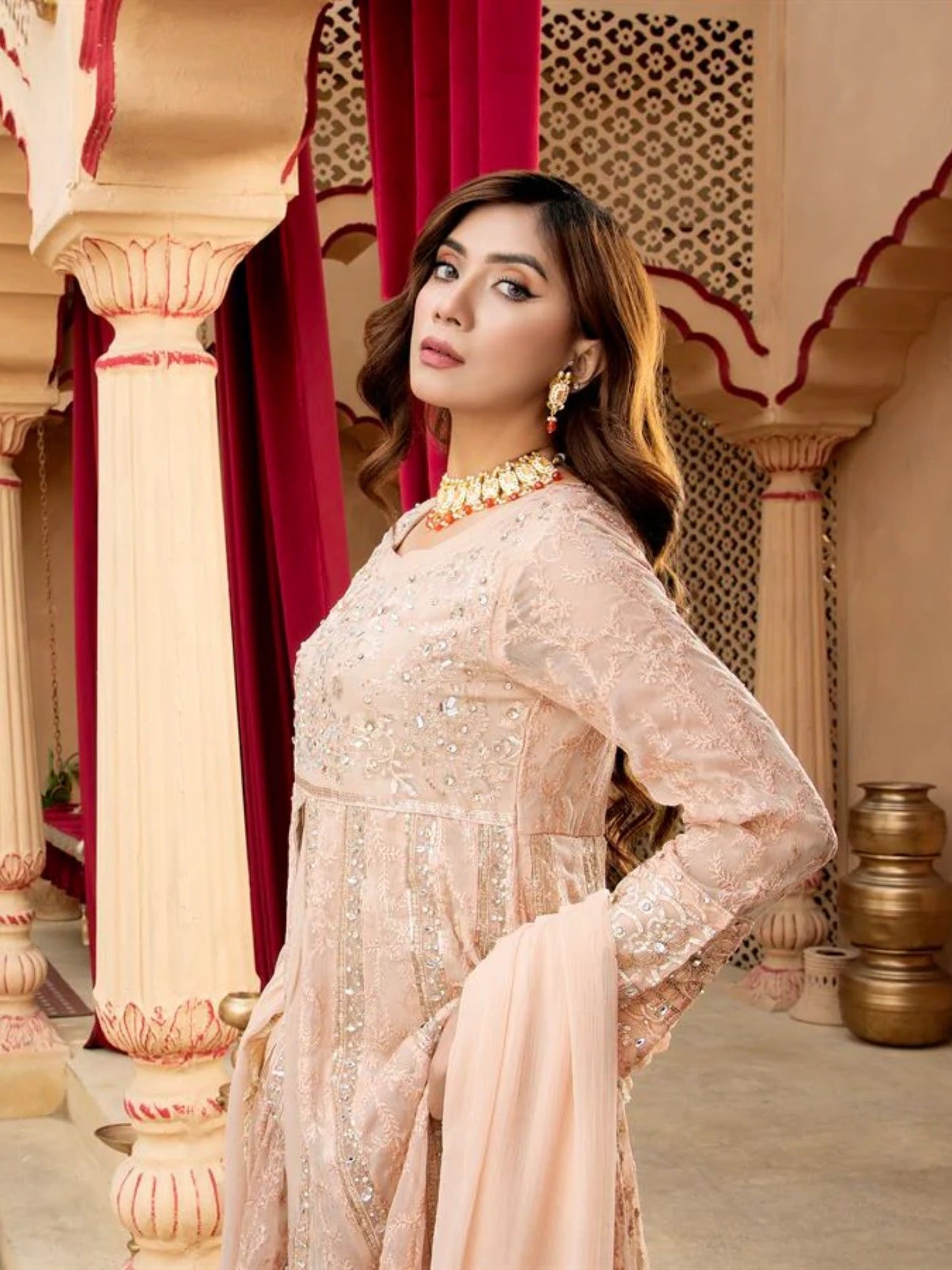Peach Manahil Arts Chiffon Embroidered Stitched 3-Piece Suit-Kurti-B-007-Peach