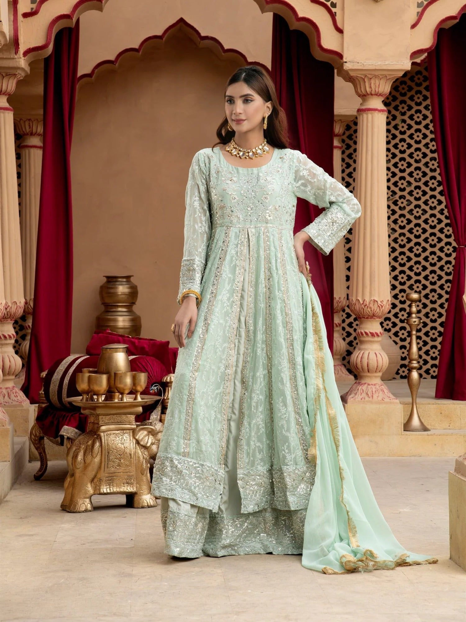 Manahil Arts Chiffon Embroidered Stitched 3-Piece Suit-Kurti-B-007-Aqua