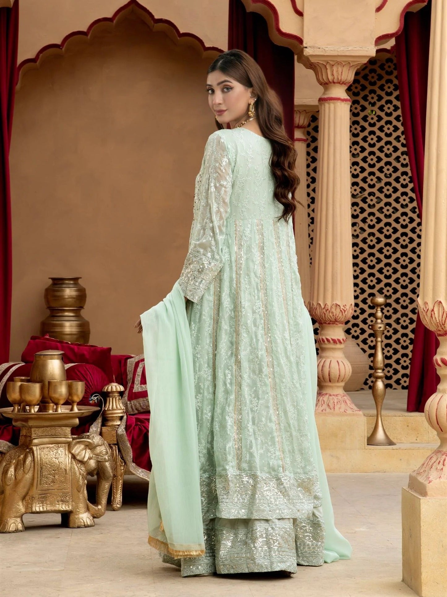 Manahil Arts Chiffon Embroidered Stitched 3-Piece Suit-Kurti-B-007-Aqua