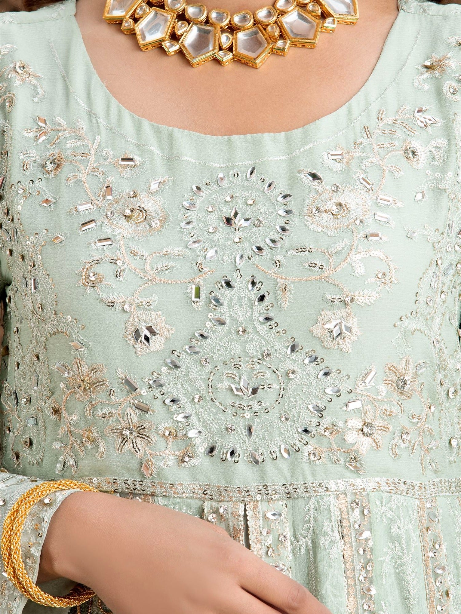 Manahil Arts Chiffon Embroidered Stitched 3-Piece Suit-Kurti-B-007-Aqua