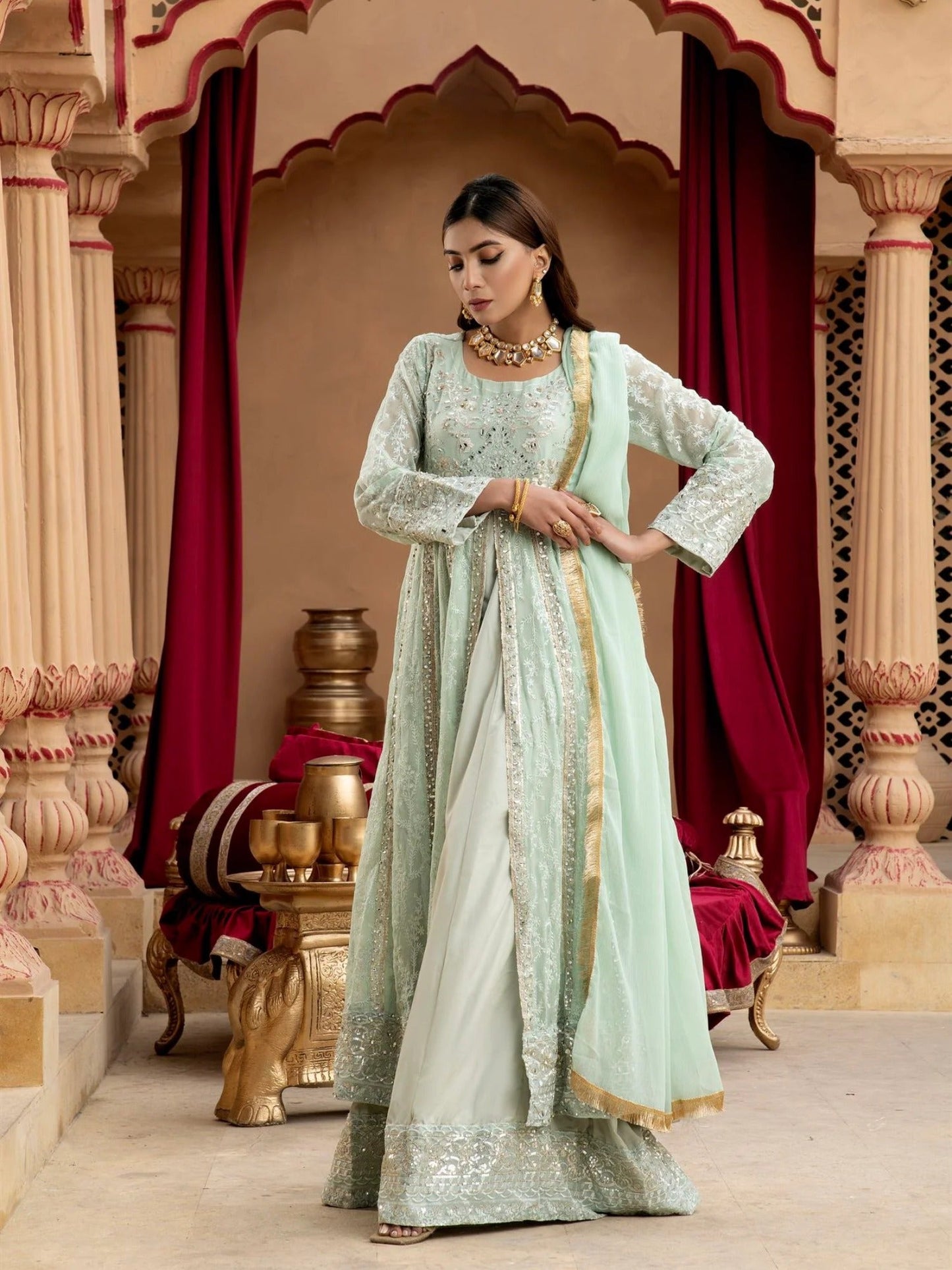Manahil Arts Chiffon Embroidered Stitched 3-Piece Suit-Kurti-B-007-Aqua
