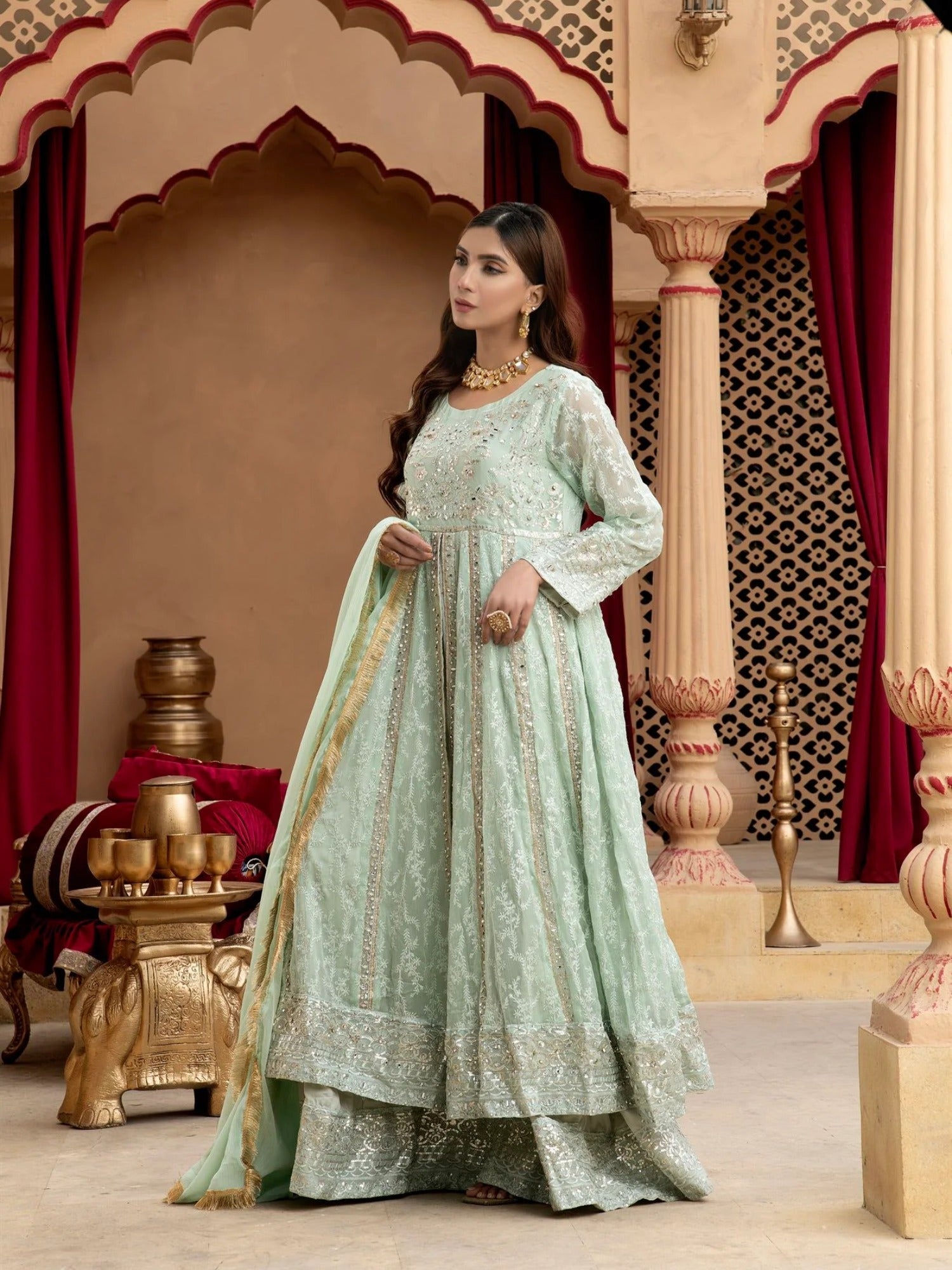 Manahil Arts Chiffon Embroidered Stitched 3-Piece Suit-Kurti-B-007-Aqua