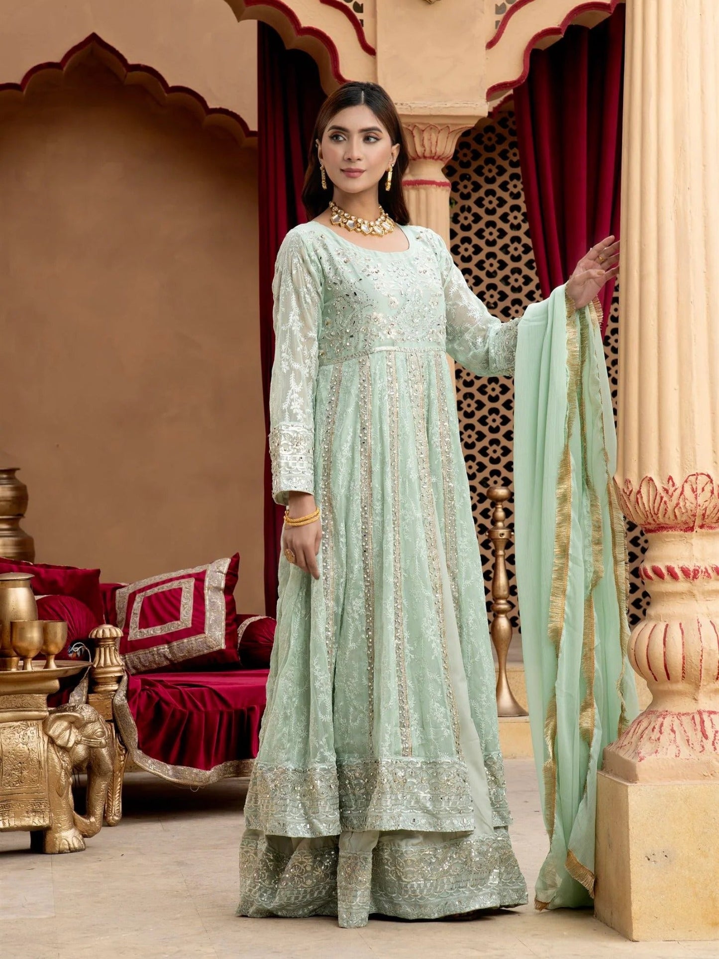 Manahil Arts Chiffon Embroidered Stitched 3-Piece Suit-Kurti-B-007-Aqua