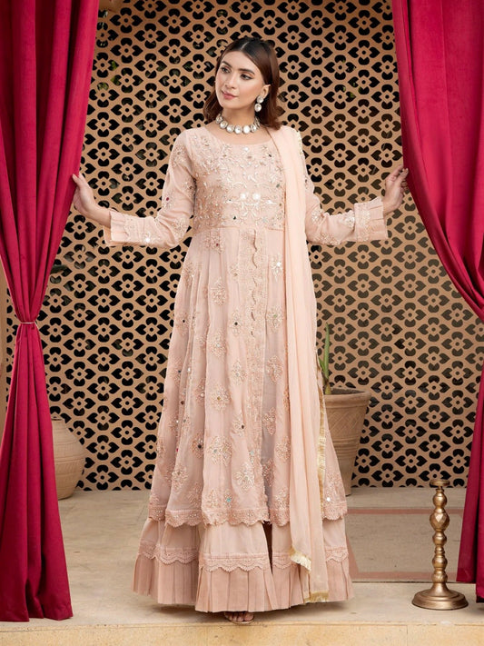Peach Manahil Arts Chiffon Embroidered Stitched 3-Piece Suit-Kurti-B-006-Peach