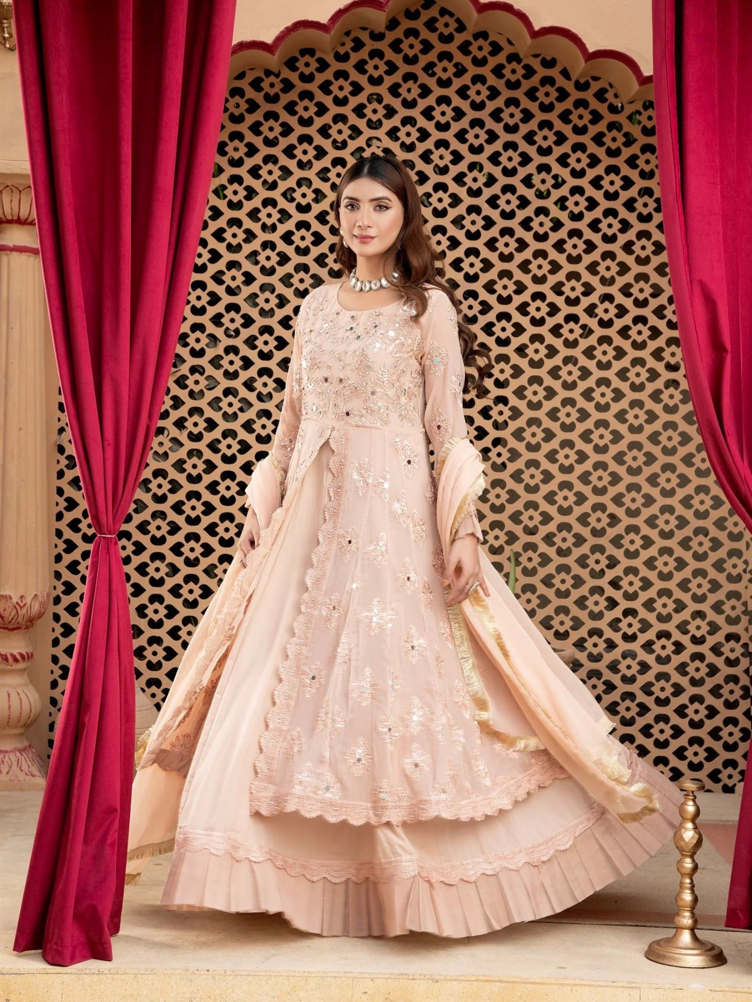Peach Manahil Arts Chiffon Embroidered Stitched 3-Piece Suit-Kurti-B-006-Peach
