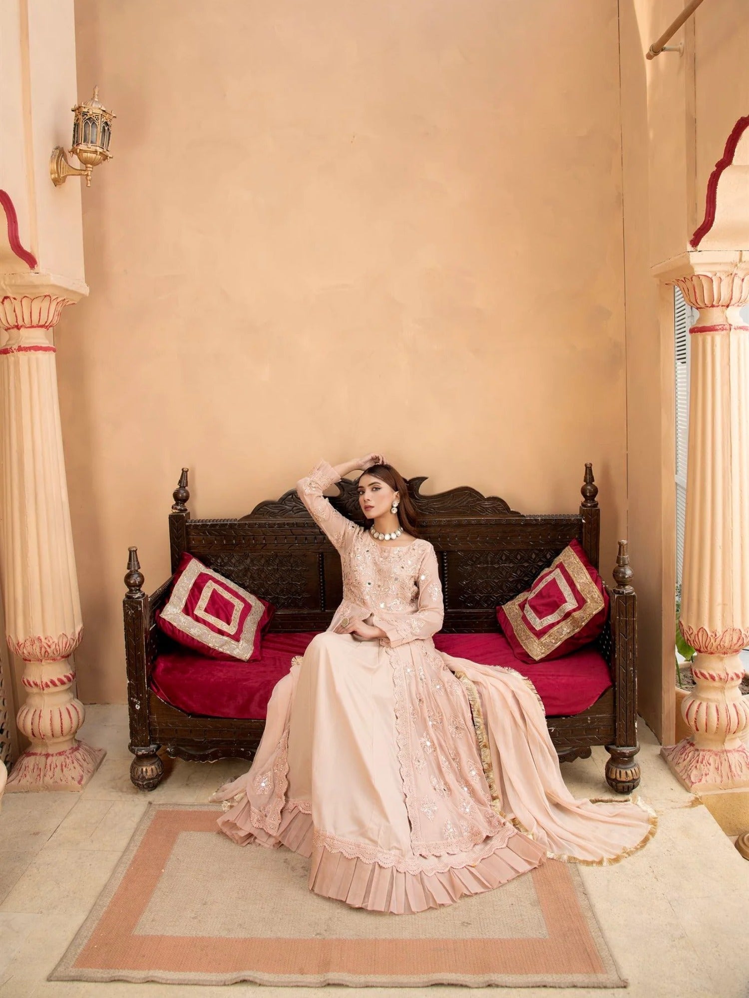 Peach Manahil Arts Chiffon Embroidered Stitched 3-Piece Suit-Kurti-B-006-Peach