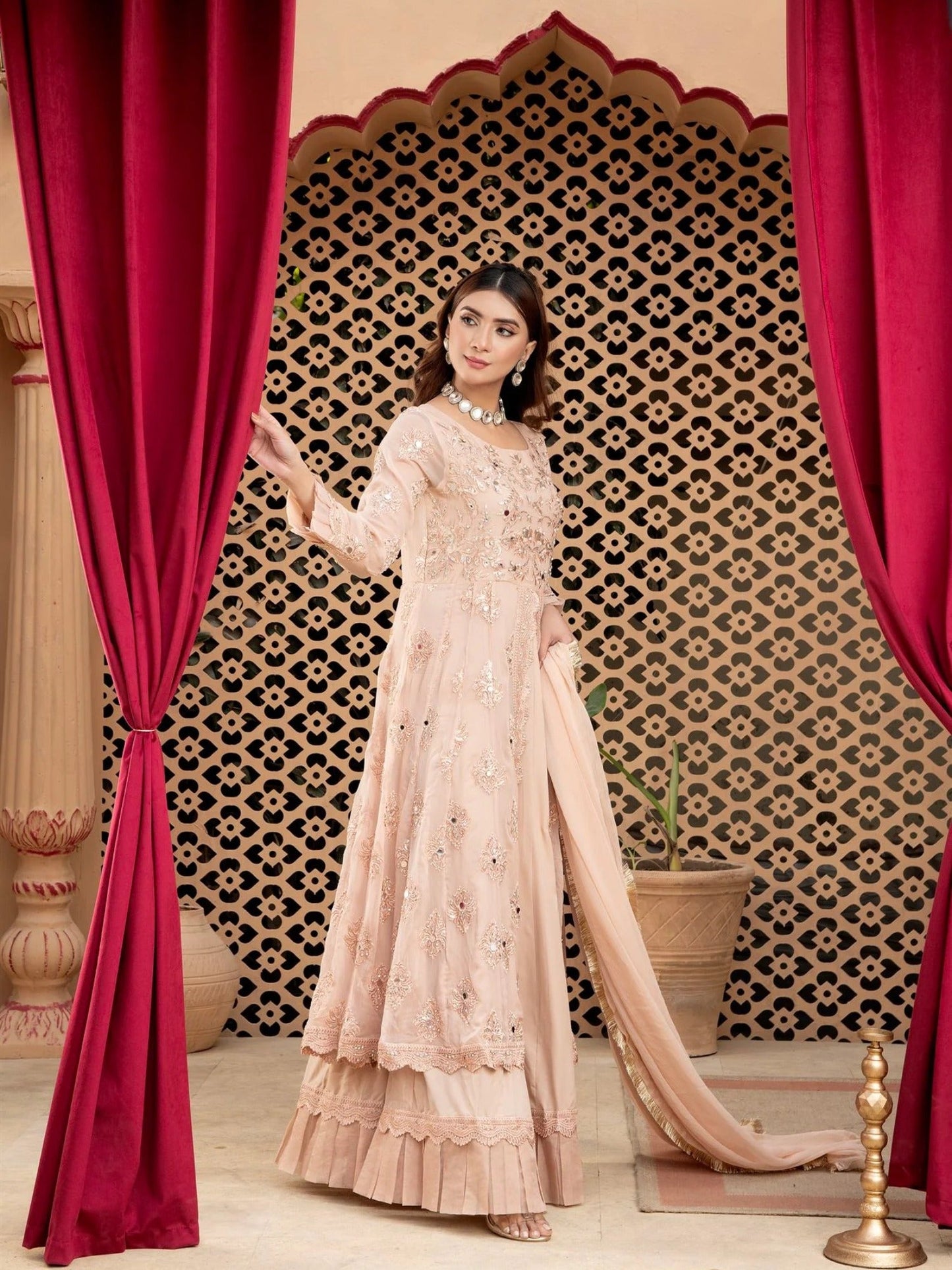 Peach Manahil Arts Chiffon Embroidered Stitched 3-Piece Suit-Kurti-B-006-Peach