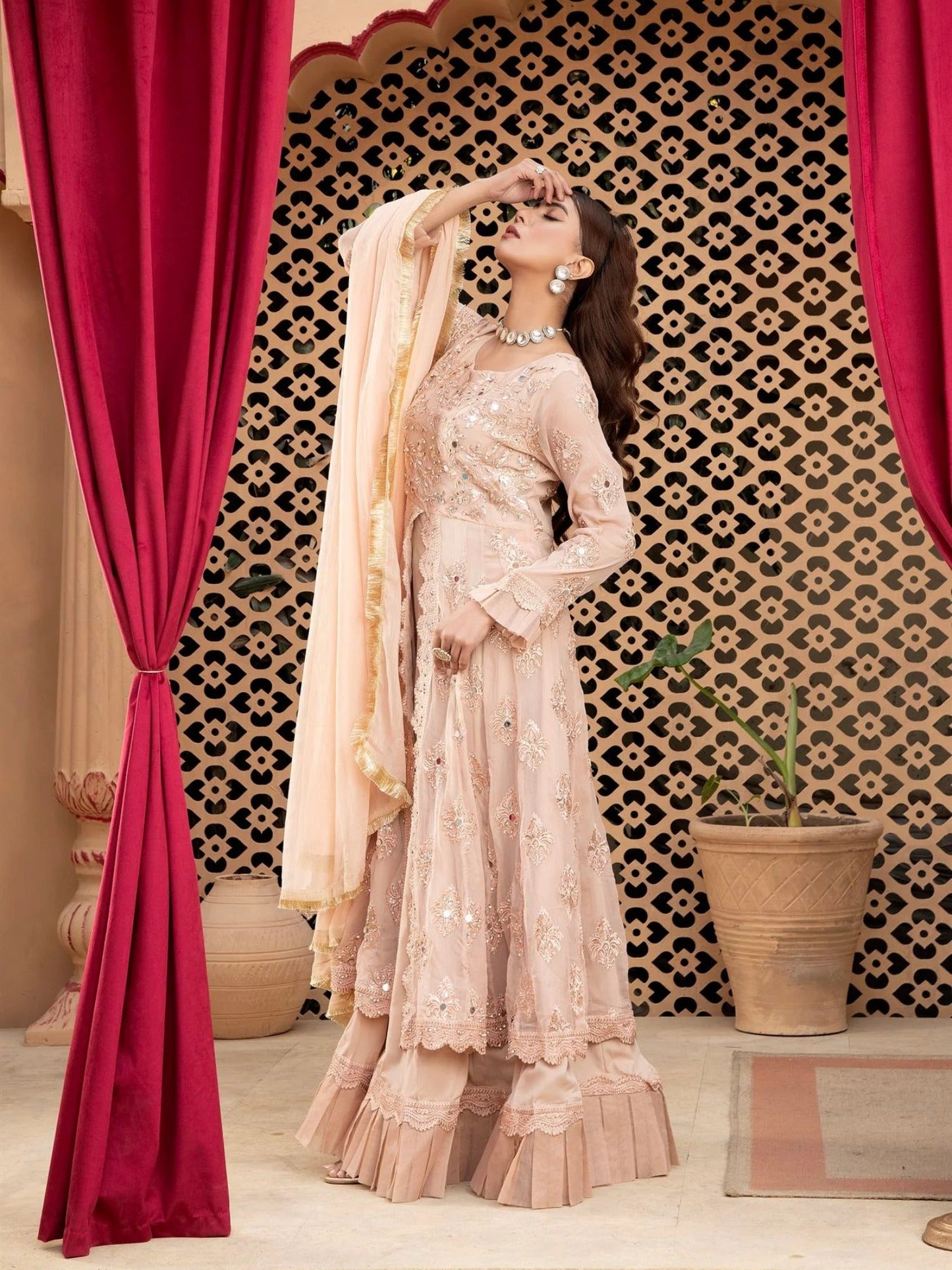 Peach Manahil Arts Chiffon Embroidered Stitched 3-Piece Suit-Kurti-B-006-Peach