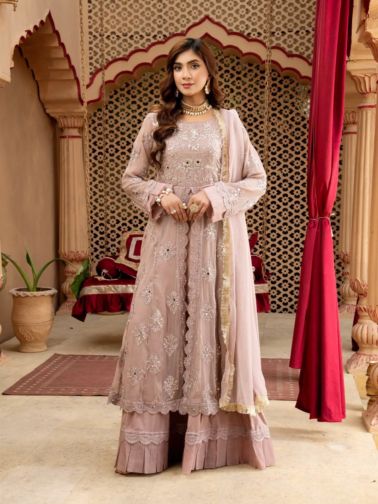 Lilac Manahil Arts Chiffon Embroidered Stitched 3-Piece Suit-Kurti-B-006-Lilac