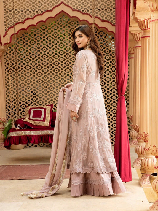 Lilac Manahil Arts Chiffon Embroidered Stitched 3-Piece Suit-Kurti-B-006-Lilac