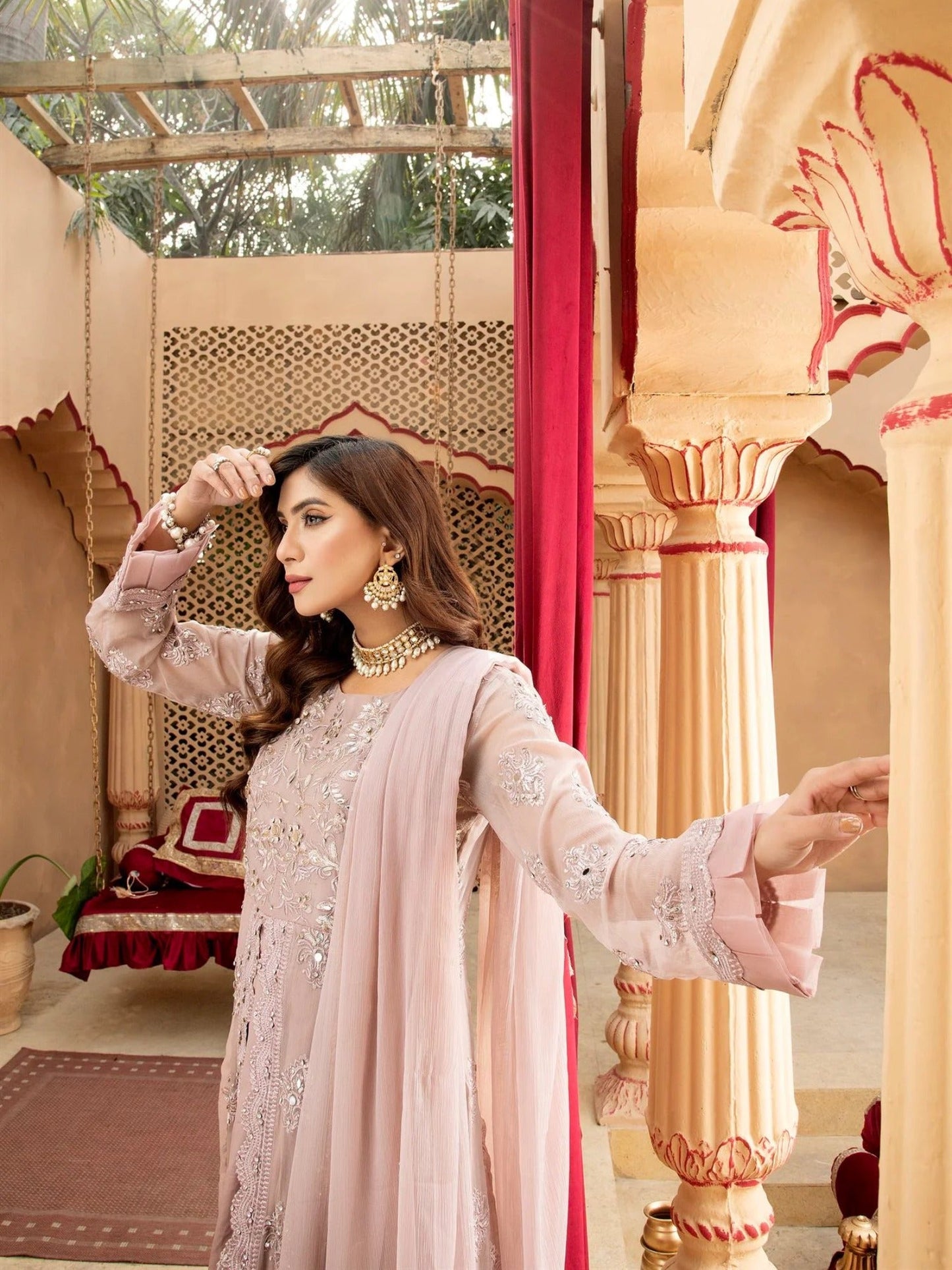 Lilac Manahil Arts Chiffon Embroidered Stitched 3-Piece Suit-Kurti-B-006-Lilac