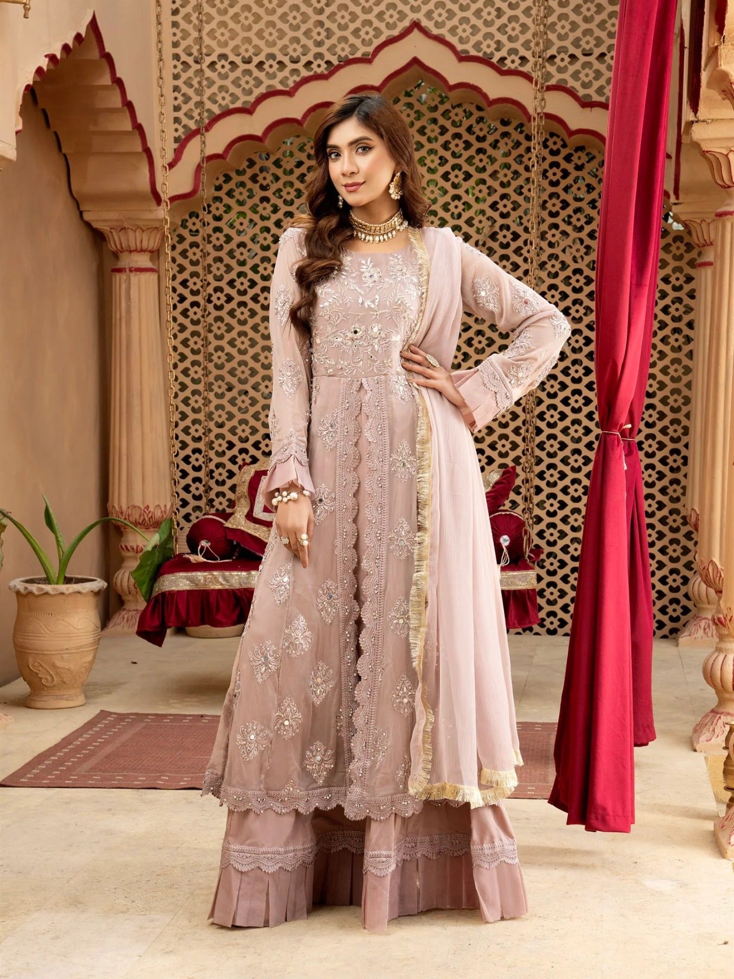 Lilac Manahil Arts Chiffon Embroidered Stitched 3-Piece Suit-Kurti-B-006-Lilac